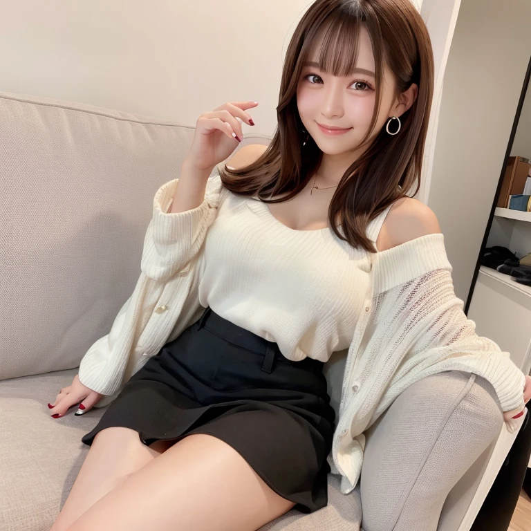 pink knit mini skirt, sofa, livingroom, Smile, Brown hair, shoulder-length hair, White wall background, Very white skin