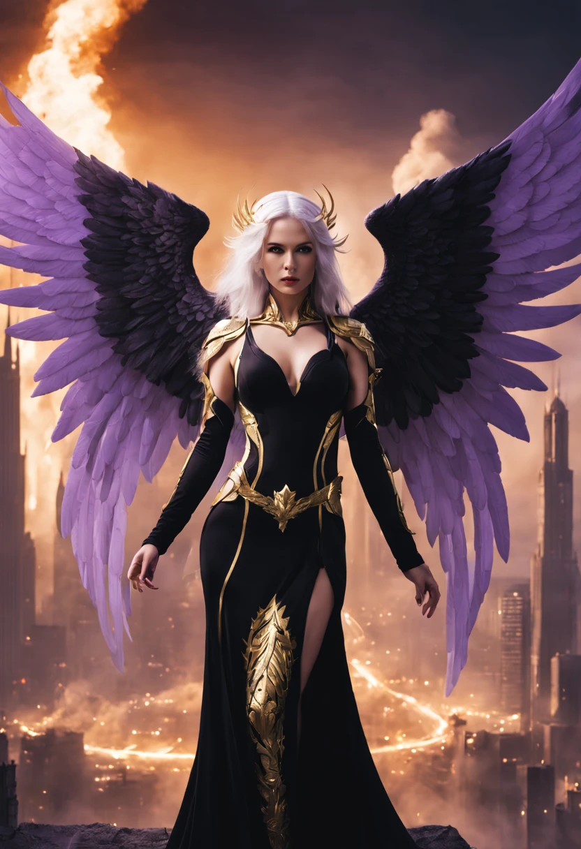 Beautiful and delicate woman with white hair and black dress with gold details, sci-fi, futuristic city, night, buildings burning, beautiful angel, black angel wings, to shine purple, tall woman with black angel wings, mysterious angelic presence