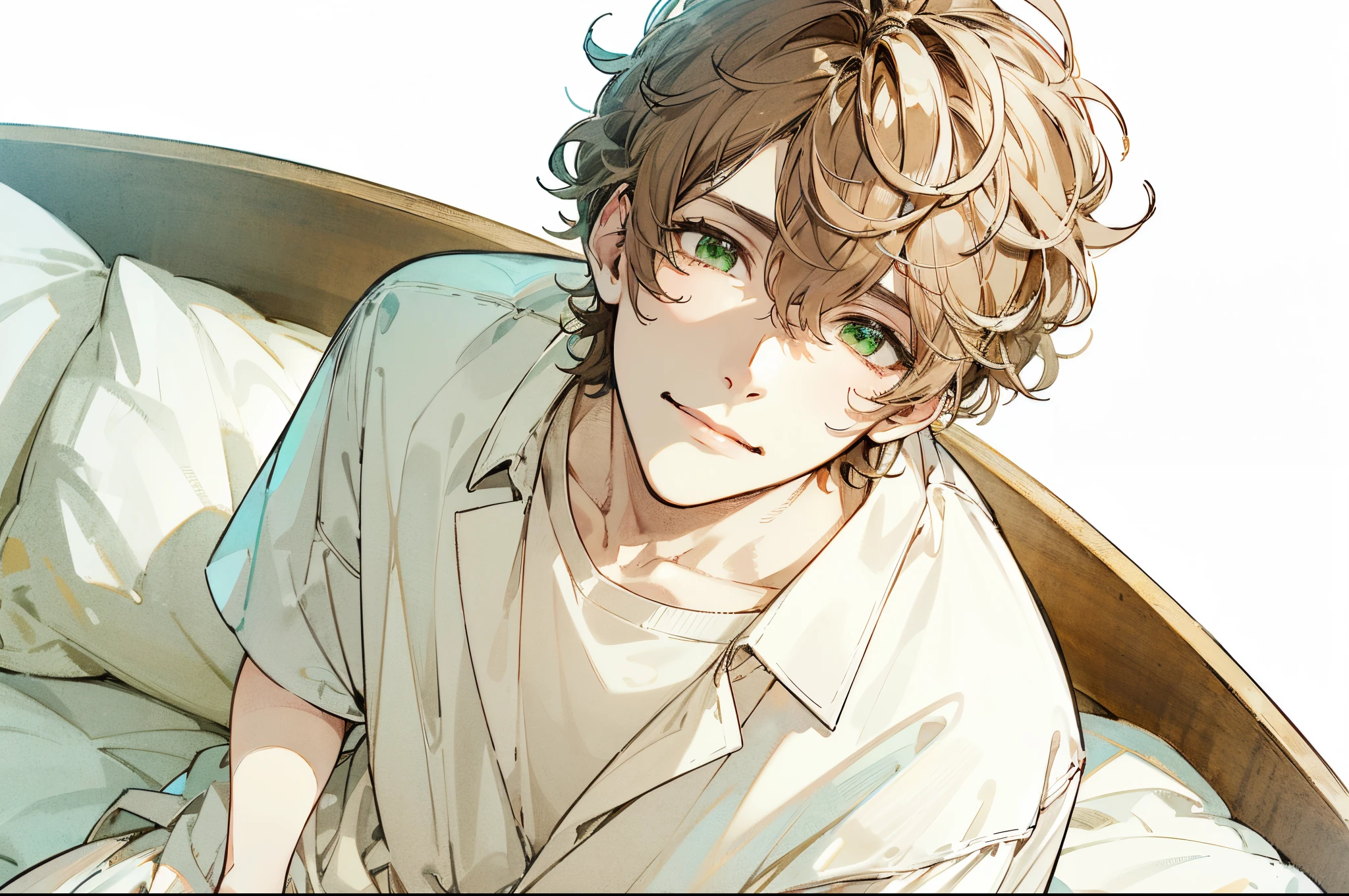 Vertical illustration, high-quality, Pixiv style, handsome young man, curly hair, short, blonde, green eyes, sitting on bed, oversized white shirt, hugging knees, shy expression, bashful, detailed room background, cozy interior, artistic, furniture, decorations, window, outside view, Japanese anime style, clear line drawing, transparent watercolor, clear shading