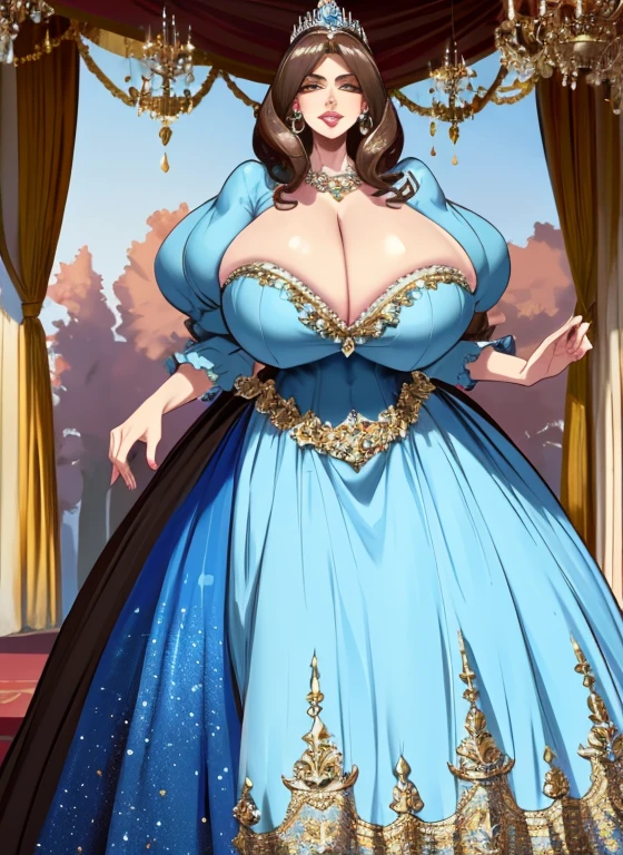 Irish woman, milf, mature, curly hair, brunette, high cheekbones, glossy lipstick, pouting, pouting lips, white pale skin, tall, curvaceous, small waist, big hips, hip dips, large breasts, big breasts, sagging breasts, looking at viewer, Best quality, 8k, Masterpiece, realistic, photorealistic, (gigantic breasts:1.2),wearing beautiful embroidery and jeweled ruffled gorgeous princess ballgown with voluminous full length hoop skirt,
princess in a beautiful embroidery and jeweled rococo princess ballgown with voluminous full length hoop skirt,super detailed gorgeous princess ballgown with voluminous full length hoop skirt,jeweled Gorgeous rococo princess ballgown with long train,jeweled Gorgeous rococo princess ballgown with long train,gorgeous rococo princess ballgown with beautiful embroidery and jeweled, detailed eyes, brown eyes, blue dress