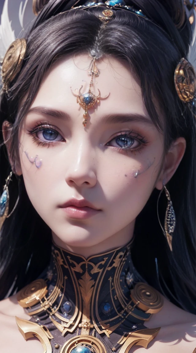 (((body portrait)))、（Best quality，ultra - detailed，Best Best Illustration，The best shadow，tmasterpiece，A high resolution，professionalartwork，famousartwork），Delicate eyes, beautiful eyes，closeup cleavage，sci-fy，colored sclera，Robot eye mark，Tattooed，（fractal，fractal eyes），largeeyes，（Eye focus），surface focus，the eye of the universe，Close up of metal sculpture of woman with moon in hair，Extremely detailed，goddess portrait，Detailed shots of the goddess，a stunning portrait of a goddess，Goddess side face avatar，Beautiful goddess body close-up portrait)，goddess hecate，portrait of a norse moon goddess，goddess of space and time、((masterpiece、quality、ultraclear、A high resolution))、4k画质、（（tremendous large，The kinky is exposed，The kinky is exposed，beautiful display，，show，focus，No）），hologram