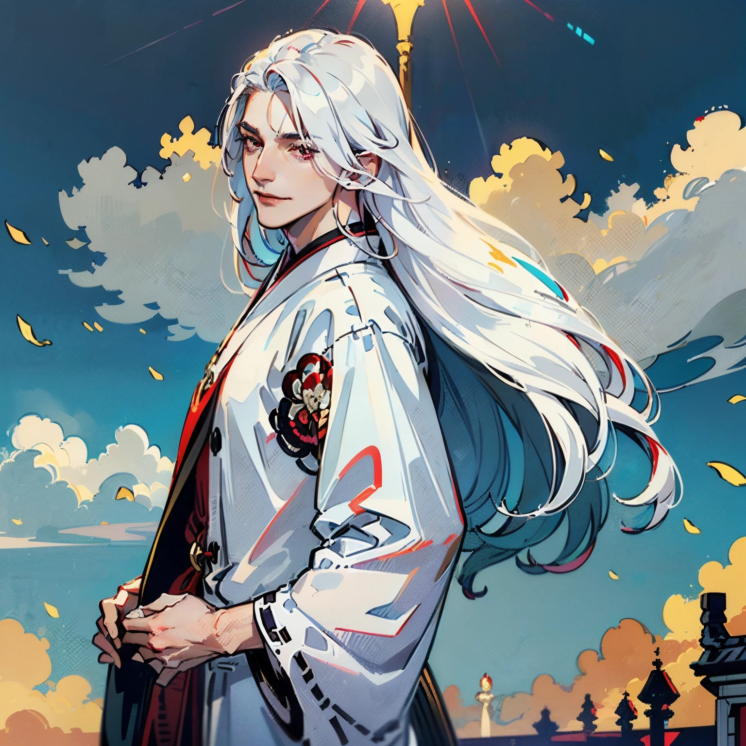 Anime - stylistic image of a man with long white hair and four eyes on his face., A man with white long hair stands half-turned and looks at the camera., ((tmasterpiece)), ((beste-Qualit, hight resolution, ultradetailed), bright colours, ((((1 male)))), Male character, grown up, tall muscular guy, wide shoulders, Strong Character, Fantasy, dnd, person, albino, red-eyes, closed face, The Albino Man, Pure White Long Hair, White long hair (hair above one eye), (big hair), white colored hair, slick hair, straight hair, Creating an atmospheric atmosphere, pale skin, macabre, Gloomy design, Has red smoke and aura, eldritch, Creepy, nightmarish, Additional lighting, Against the background of the sky, Beautiful and harmonious scene, Exquisite animation, Rich Details, hiquality, Четкость 4K, in a white kimono, looks at the viewer, canny smile, smirk, muscular back, Men's Back, white-haired god, White silk garment, Gold Pattern