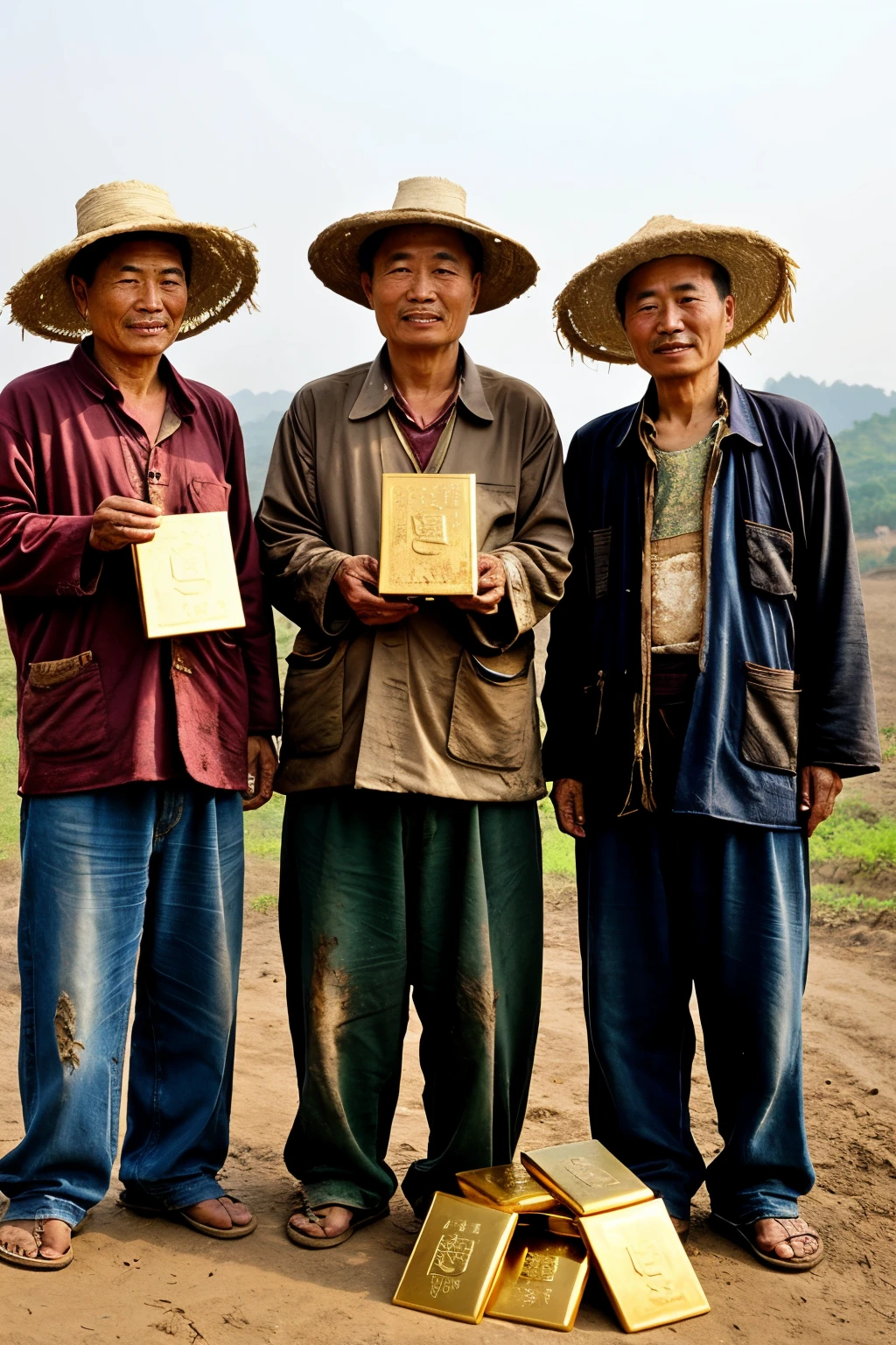A group of old Chinese farmers wearing dirty and torn clothes holding gold bars in their hands。The environment is dirty,Everyone is happy and tall,Perfect facial features,Perfect hands,超高分辨率