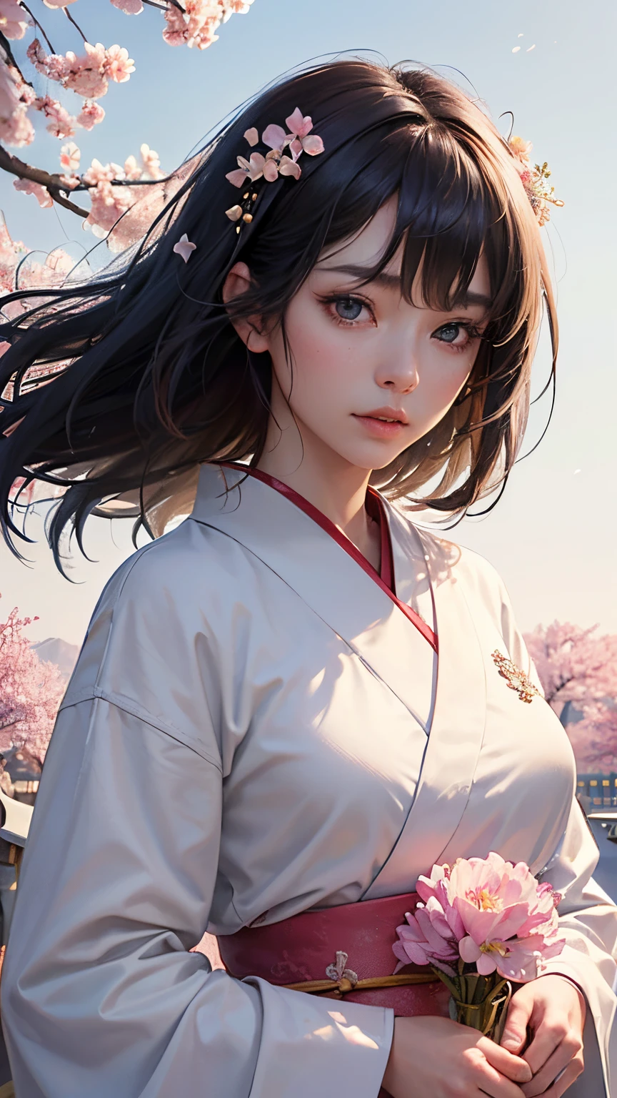 (A logo、​masterpiece、8K、masutepiece、Raw photo、Fantastic、Best Quality、Photorealistic and highly detailed CG integrated 8K wallpaper、hightquality、ighly detailed、epic poem、Particle effect、Dynamic effects、depth of fields、Cinematic Light、Lens Flare、Ray tracing)、Fantasia、 (1 beautiful woman in a white coat、robe blanche、Japanese dress、A dark-haired、Beautiful face、Real Face、beautiful details eyes beautiful skin)、Hair flutters in the wind、Hair jumps、Pink cherry blossom tree、Petals flutter、Sakura blizzard、Superb view、morning glow、Sun in the background、the wind、Deities、tusk、myth、Vast Land、