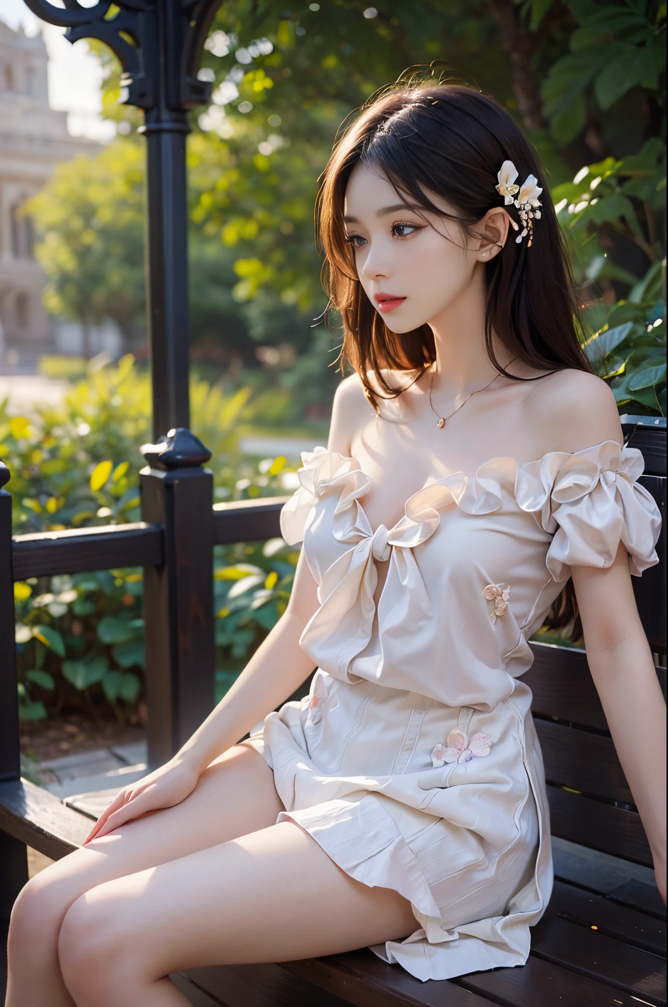 Special clothes34,bare shoulders,shirt, fashi-girl, red lips, mature female, makeup, Big eyes, Pretty eyes, ((full body)), ((Random shooting angles)), (best quality, masterpiece:1.2), ultra-detailed, (realistic:1.37), beautiful, youthful, glamorous model with (detailed eyes, detailed lips, extremely detailed eyes), with white and floral colors, showcasing a radiant smile, creating a breathtaking depiction of a girl, Warm tones, extremely high color saturation, official art, extremely detailed CG unified 8k wallpaper,(High dynamic range :1.4), (cinematic),(soft colors, dull colors, soothing tones :1.3), (natural skin texture, ultra-realistic, soft light, sharp),(very detailed), Night, moonlight, In an antique pavilion, sit on a bench against the guardrail