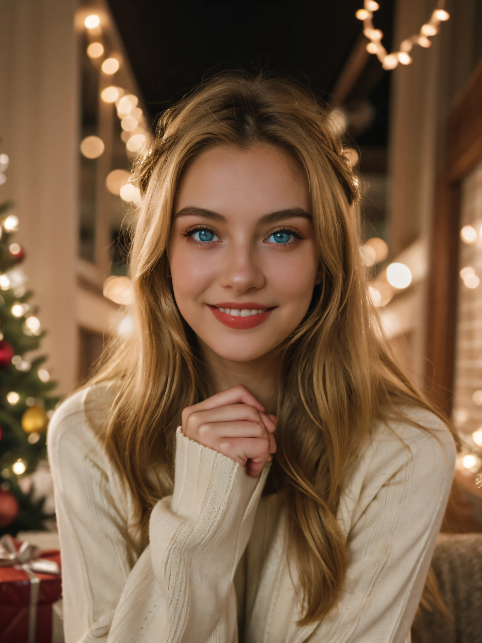 1girl, solo, smile, christmas tree, long hair, sweater, blue eyes, looking at viewer, realistic, blonde hair, blurry, sleeves past wrists, white sweater, christmas, indoors, christmas ornaments, upper body,  lips, long sleeves,