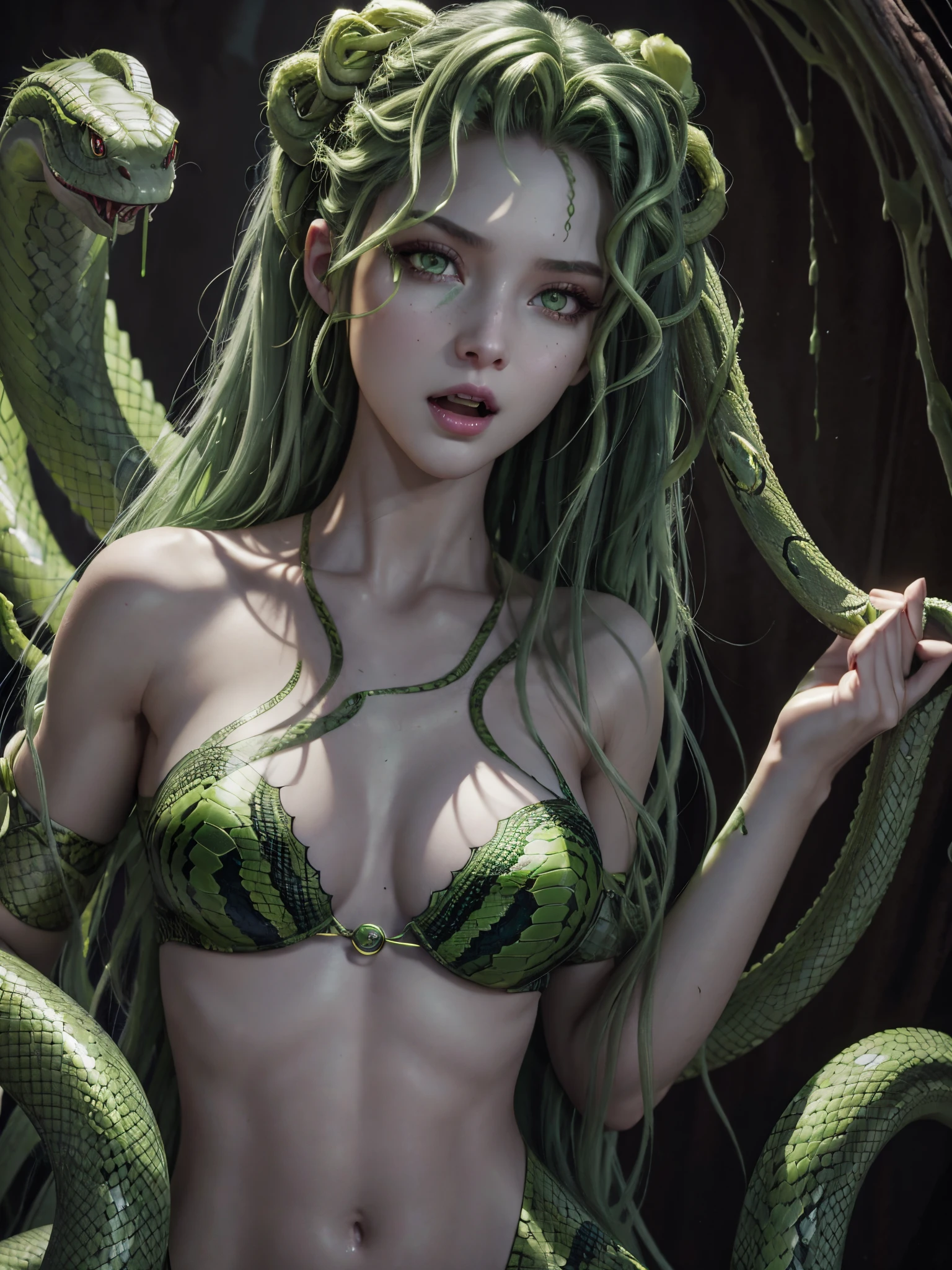 Sexy Medusa Banshee,Snake hair,green snake hair,Green eyes,Open mouth to show fangs