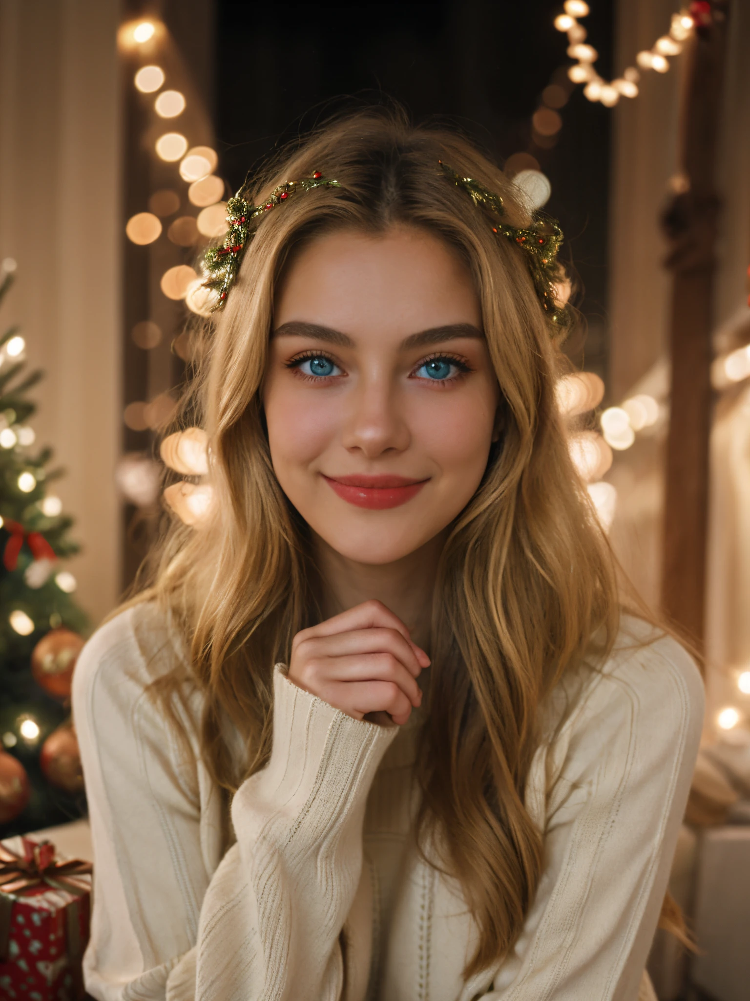 1girl, solo, smile, christmas tree, long hair, sweater, blue eyes, looking at viewer, realistic, blonde hair, blurry, sleeves past wrists, white sweater, christmas, indoors, christmas ornaments, upper body,  lips, long sleeves,