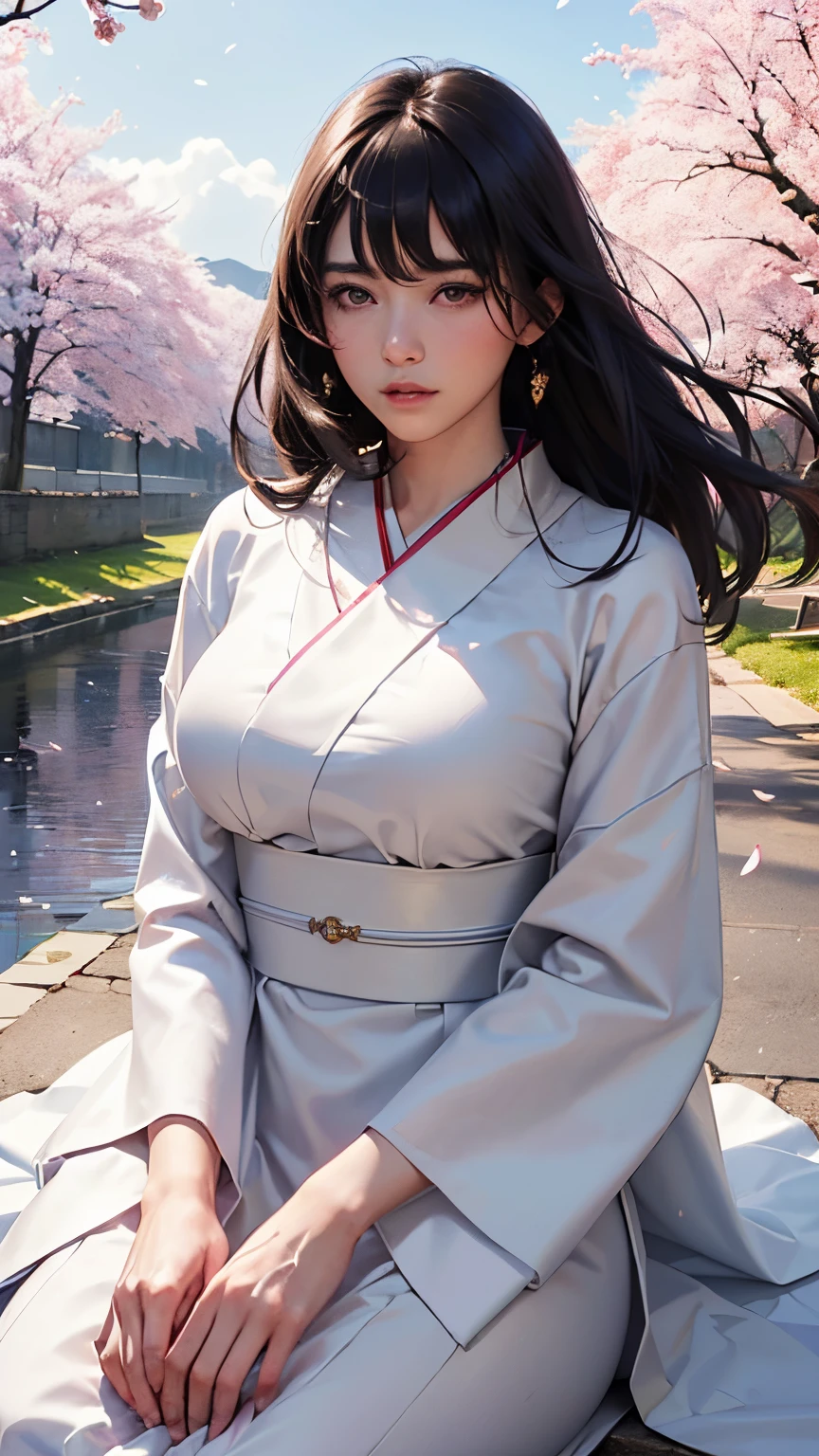(A logo、masterpiece、8K、masutepiece、Raw photo、Fantastic、Best Quality、Photorealistic and highly detailed CG integrated 8K wallpaper、hightquality、ighly detailed、epic poem、Particle effect、Dynamic effects、depth of fields、Cinematic Light、Lens Flare、Ray tracing)、Fantasia、 (1 beautiful woman in a white coat、robe blanche、Japanese dress、A dark-haired、Beautiful face、Real Face、beautiful details eyes beautiful skin)、Hair flutters in the wind、Hair jumps、Pink cherry blossom tree、Petals flutter、Sakura blizzard、Superb view、morning glow、Sun in the background、the wind、Deities、tusk、myth、Vast Land、