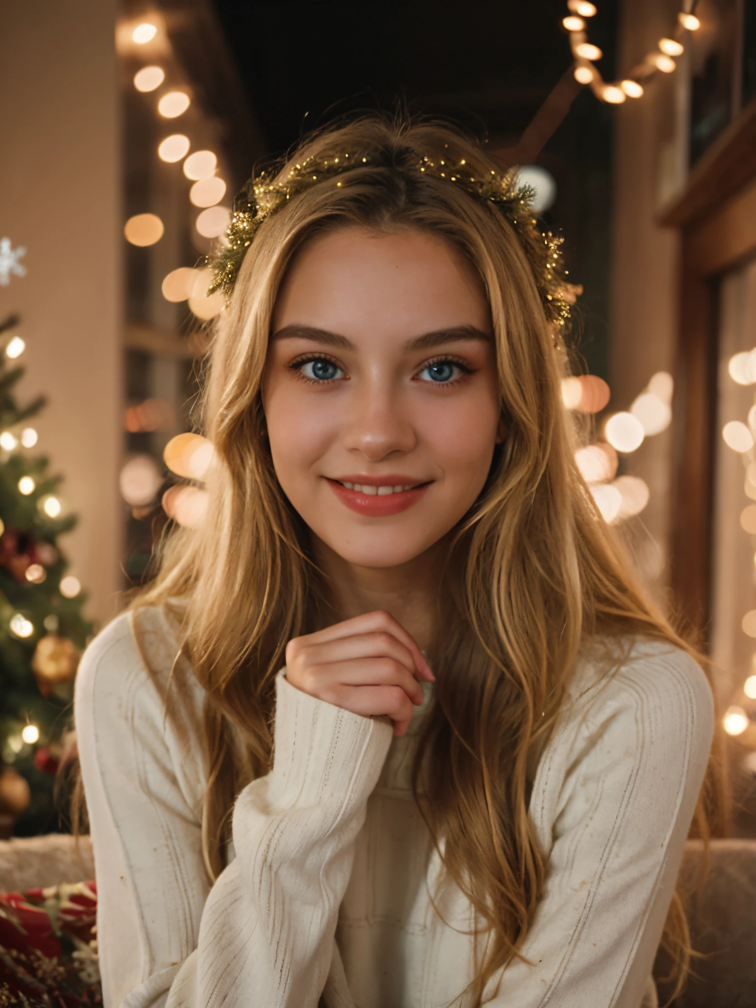 1girl, solo, smile, christmas tree, long hair, sweater, blue eyes, looking at viewer, realistic, blonde hair, blurry, sleeves past wrists, white sweater, christmas, indoors, christmas ornaments, upper body,  lips, long sleeves,