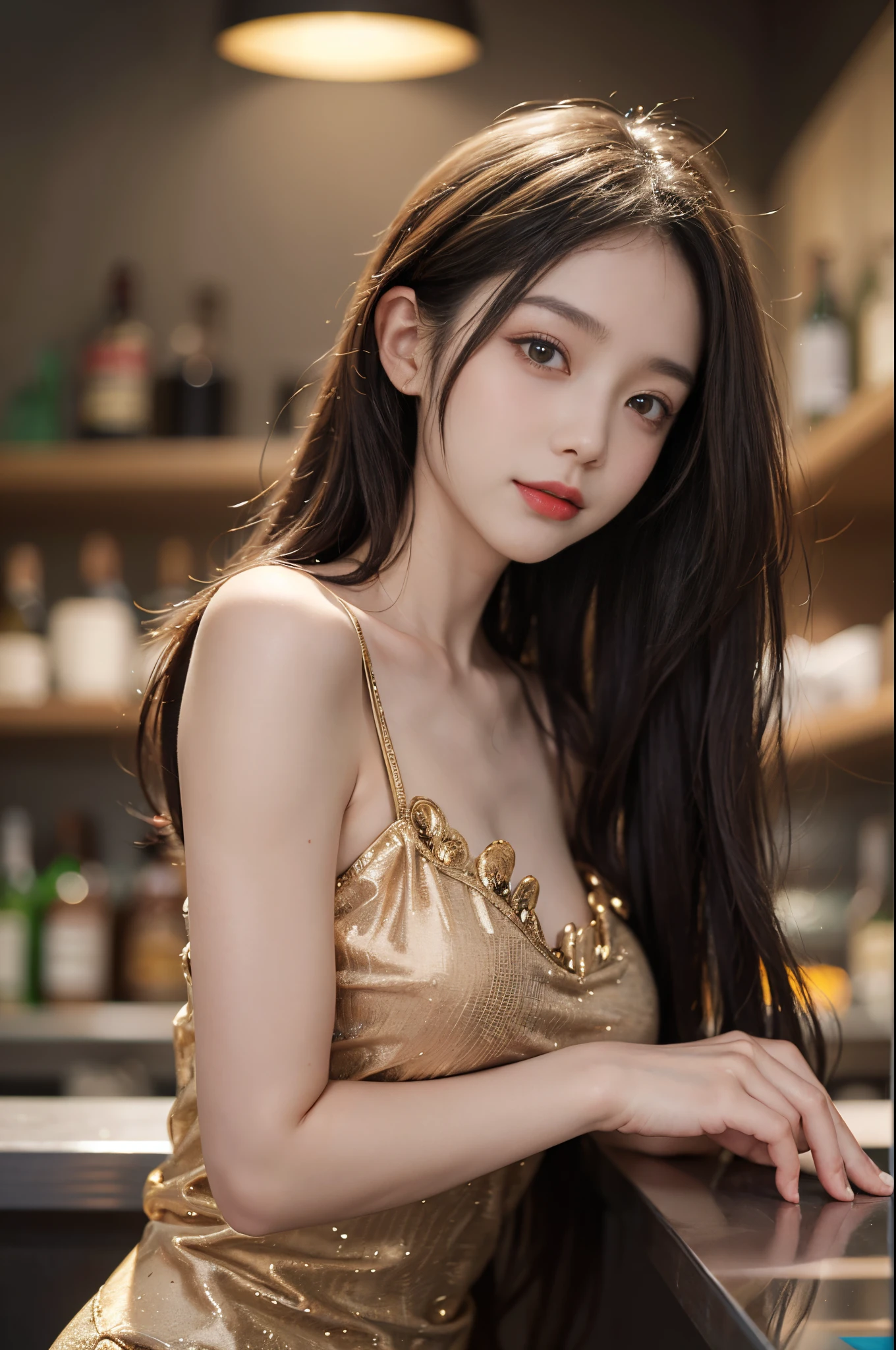 Special clothes34,bare shoulders,shirt, fashi-girl,red lips,mature female,makeup, liuyifei,((from below)),((cowboy shot)), a beautiful girl, a young female model,  random pose, elegant pose, visually appealing, masterpiece, (best quality, 4k, 8k, highres, masterpiece:1.2), ultra-detailed, ultra-fine painting, exquisite face, slender figure, smiling, radiant smile, In a bar, stand and lean against the bar counter