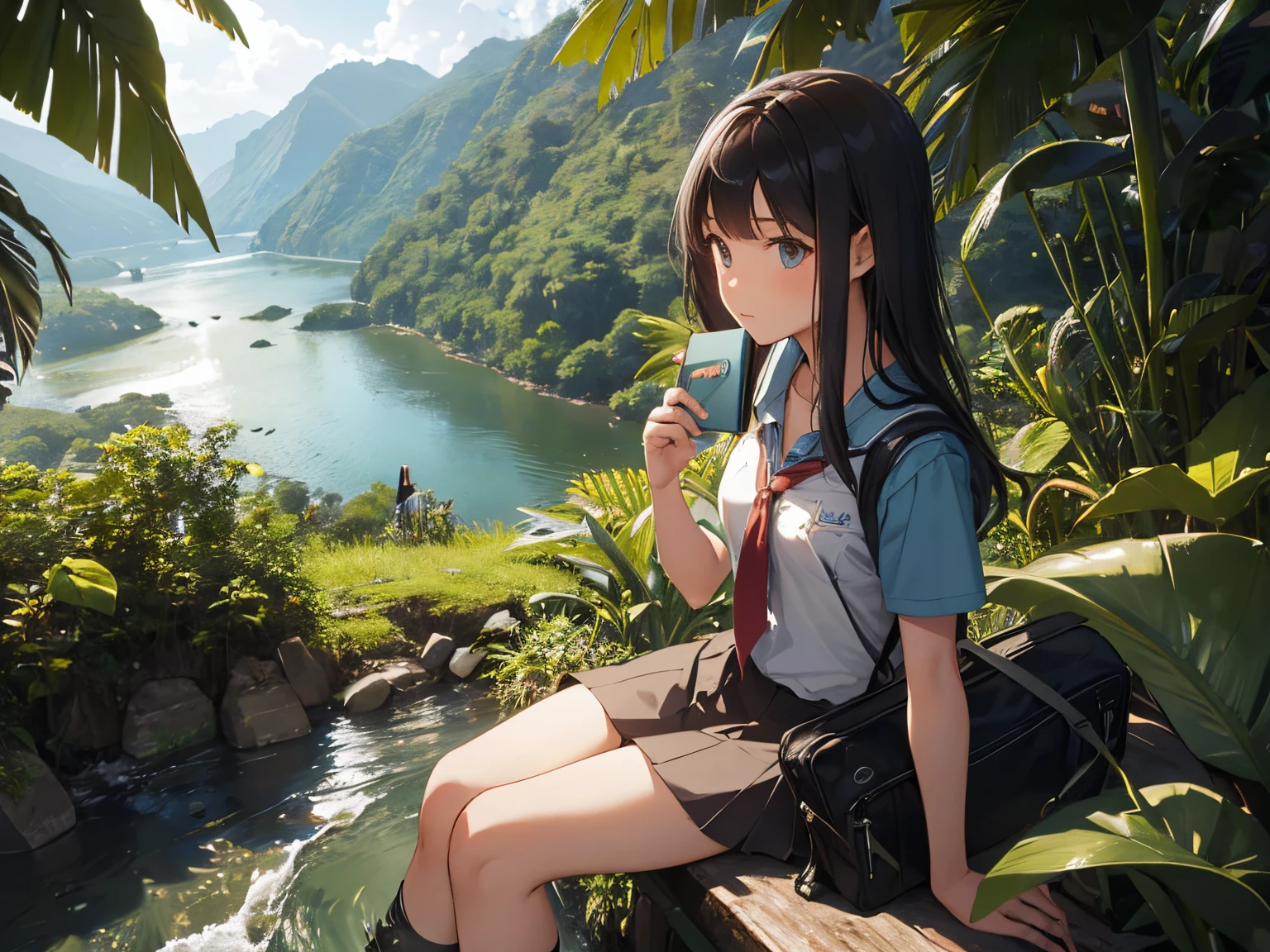 A high school girl explores the Amazon jungle with a laptop in hand.........、cross the river astride a crocodile