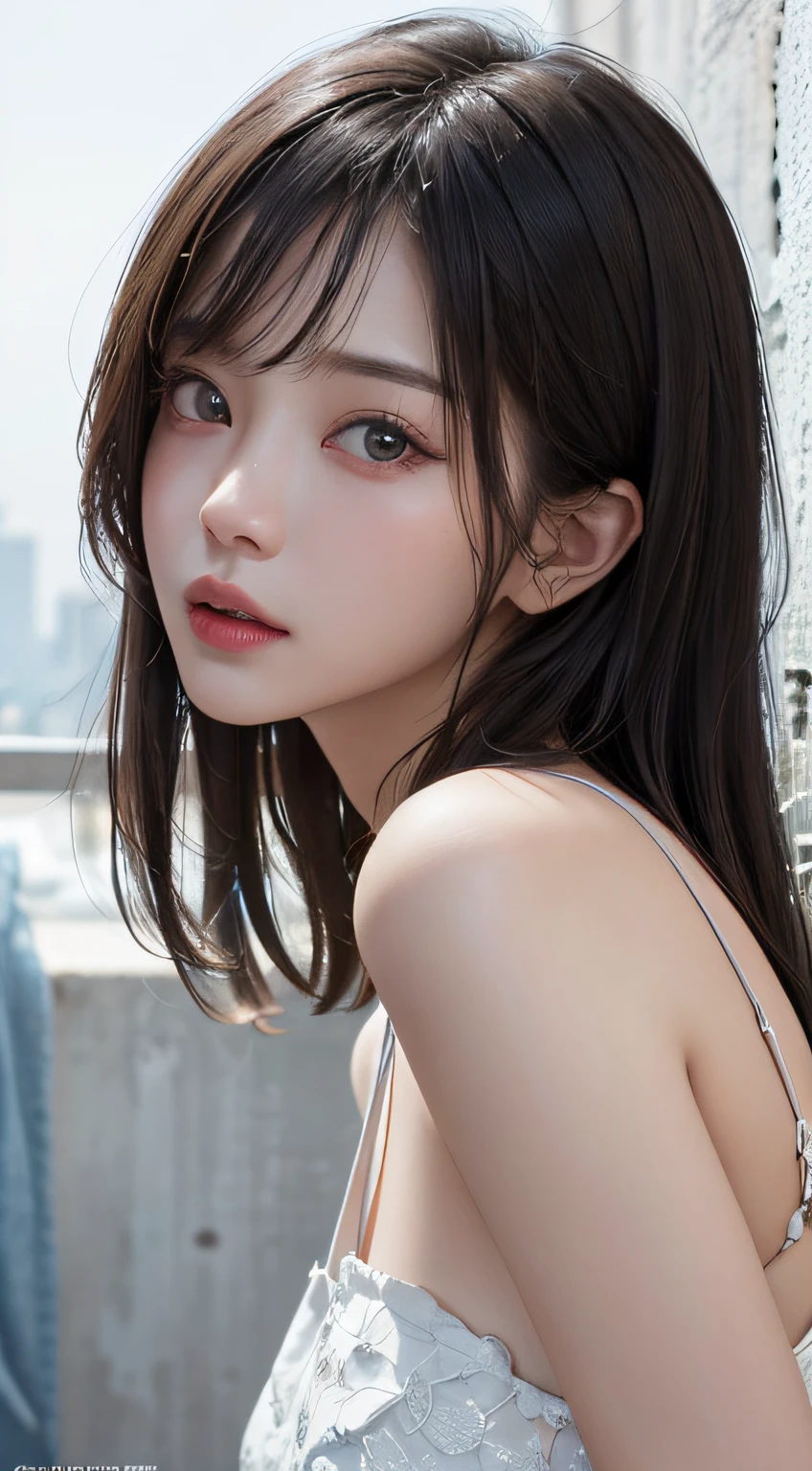 Masterpiece, 1 Beautiful Girl, Detailed Eyes, Swollen eyes, Top  Quality, The ultra-Highres, (Reality: 1.4), Cinematic lighting, Japanese, Asian Beauty, Korean, Very beautiful, beautiful skin, Slender, leaning forward, (ultra realisic), (high resolucion), (8K), (Very detailed), ( Best Illustration), (Beautifully detailed eyes), (A highly detailed), (Wall ), Detailed face, bright lighting, Professional Lighting, looking up at viewer, face the front, White dress, 46 point slanted bangs, The background is a magazine cover.,