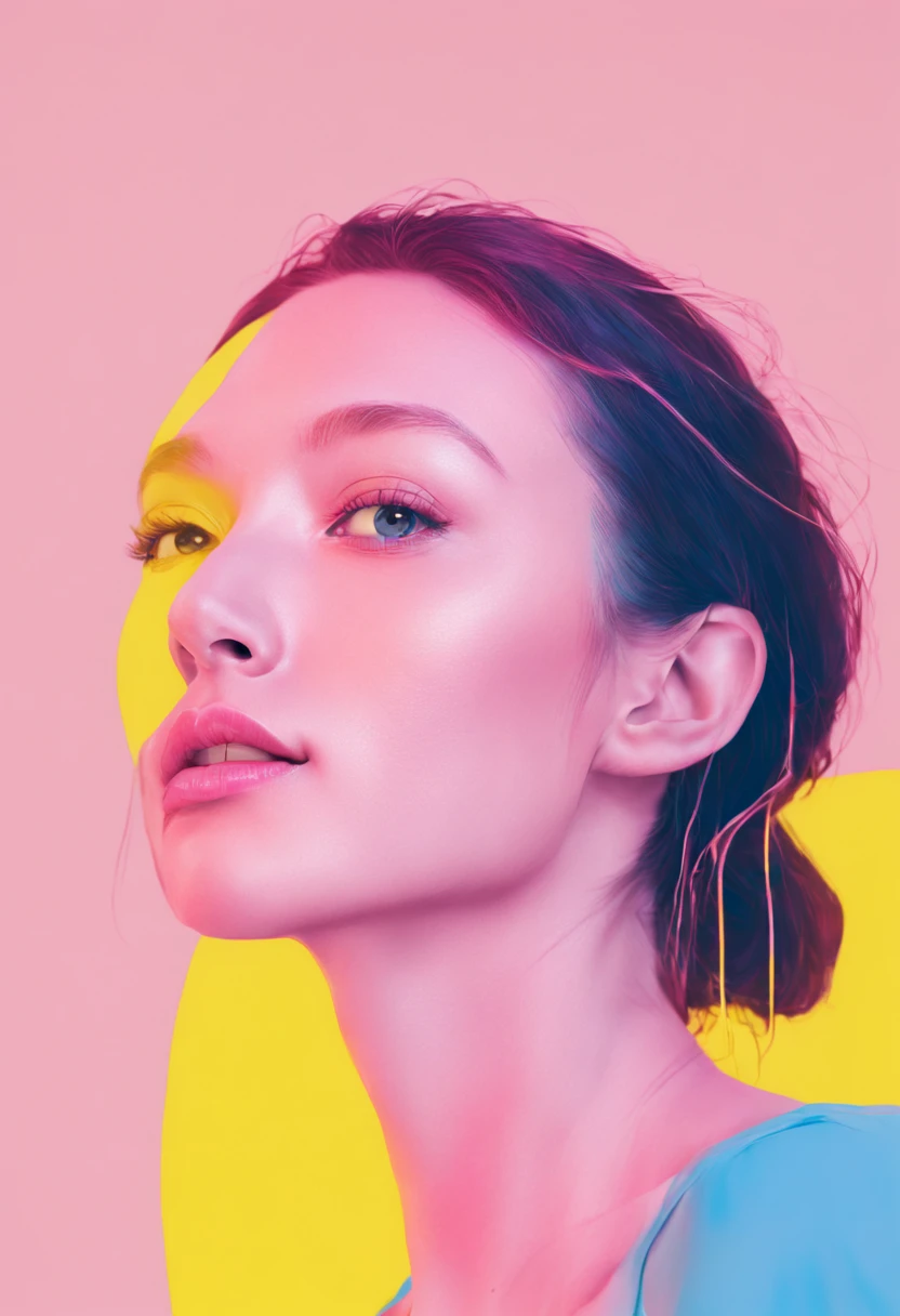 thin pink continuous line woman, flashes of yellow, blue background