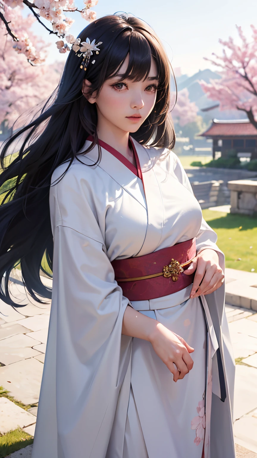 (A logo、masterpiece、8K、masutepiece、Raw photo、Fantastic、Best Quality、Photorealistic and highly detailed CG integrated 8K wallpaper、hightquality、ighly detailed、epic poem、Particle effect、Dynamic effects、depth of fields、Cinematic Light、Lens Flare、Ray tracing)、Fantasia、 (1 beautiful woman in a white coat、robe blanche、Japanese dress、A dark-haired、Beautiful face、Real Face、beautiful details eyes beautiful skin)、Hair flutters in the wind、Hair jumps、Pink cherry blossom tree、Petals flutter、Sakura blizzard、Superb view、morning glow、Sun in the background、the wind、Deities、tusk、myth、Vast Land、
