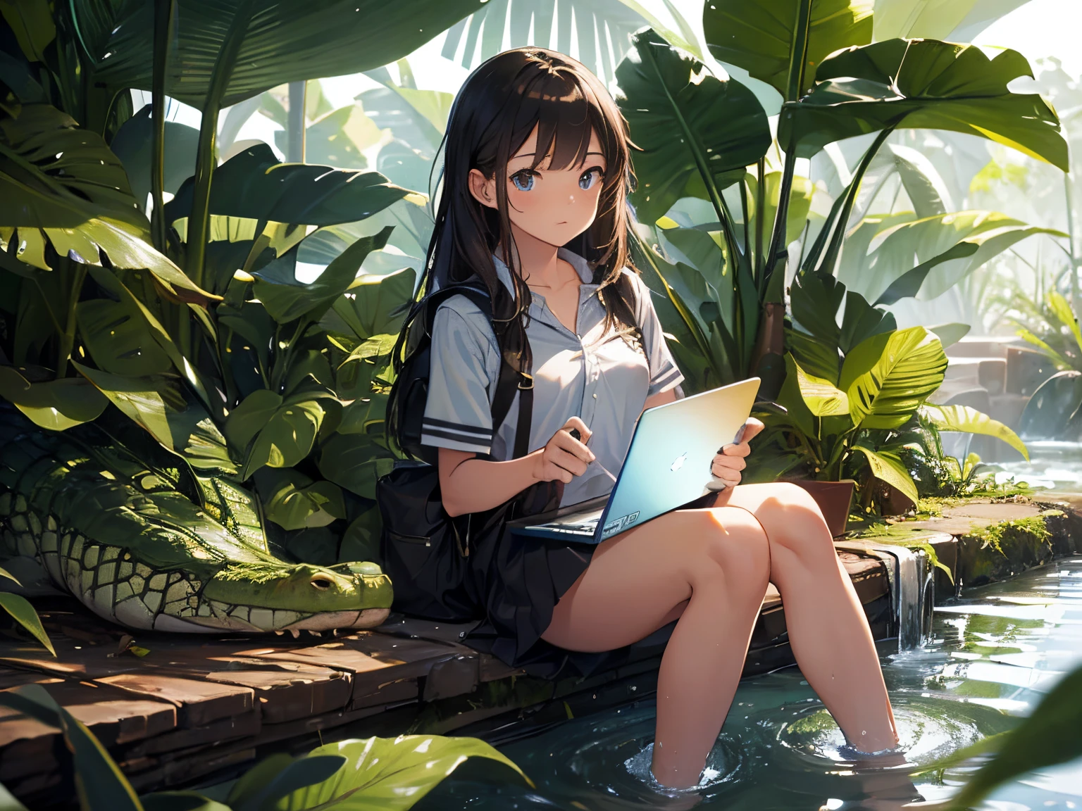 A high school girl explores the Amazon jungle with a laptop in hand........、Cross the river astride a crocodile