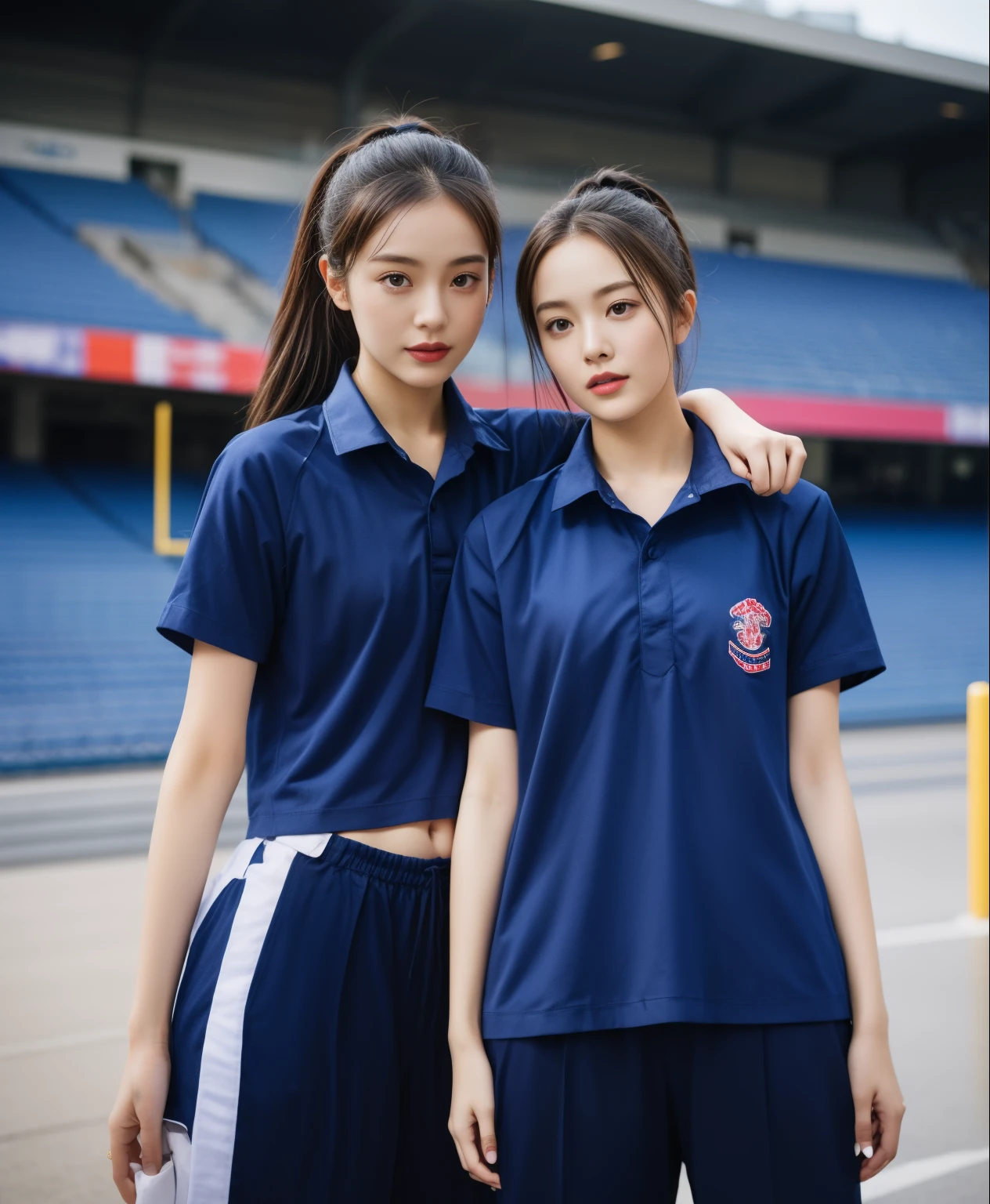 (bestquality,10,10,highres,masterpiece:1.2),ultra-detail,(Realistic,photorealistic portrait,photo-realistic:1.37),1 Cute girl in the football field,oily shiny skin,bara,light smile,BDclothelue shirt:1.3)),short sleeves,shirt, trousers.,(navy_long_Pants Track:1.1), ((Stadium Background:1.3)),dynamic angle,excited,face focus,Dynamic Poses,from behide,Ass Focus,masterpiece, bestquality, ultra realistic, hyper-detail, 8k resolution, RAW photo, crisp focus, ((Navy blue shirt:1.1)), short sleeves, Long Path, Perfect body, 2 mature women, 18yo, cinematic light,Blue sweatpants,Gymware,Correct ???????,Complete body, Correct body, sharp face, Anatomically correct body, full entire body, Realistic gestures, long-haired, Realistic poses,Wear long shorts.................................,Long leg span,Shapely,Sculpting Girl, Slender Figure, mannequin mannequins, Shapely, Beautiful body,Blue sweatpants, Two girls kissing