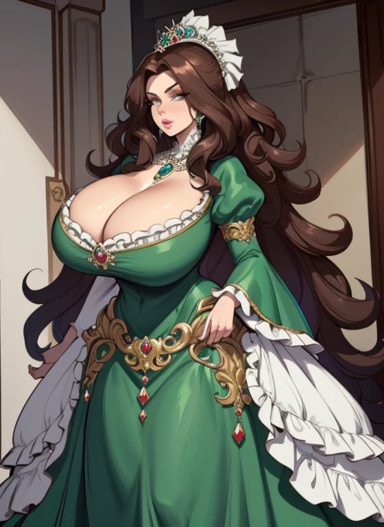 Irish woman, milf, mature, curly hair, brunette, high cheekbones, glossy lipstick, pouting, pouting lips, white pale skin, tall, curvaceous, small waist, big hips, hip dips, large breasts, big breasts, sagging breasts, looking at viewer, Best quality, 8k, Masterpiece, realistic, photorealistic, (gigantic breasts:1.2),wearing beautiful embroidery and jeweled ruffled gorgeous princess ballgown with voluminous full length hoop skirt,
princess in a beautiful embroidery and jeweled rococo princess ballgown with voluminous full length hoop skirt,super detailed gorgeous princess ballgown with voluminous full length hoop skirt,jeweled Gorgeous rococo princess ballgown with long train,jeweled Gorgeous rococo princess ballgown with long train,gorgeous rococo princess ballgown with beautiful embroidery and jeweled, detailed eyes, brown eyes, green dress