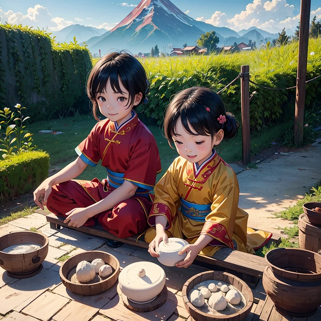 A 5-year-old Chinese girl and a 3-year-old boy ,Sitting and making clay in the backyard next to the mountain. ,Wearing traditional Chinese costume ,cute smiling face, perfect quality,