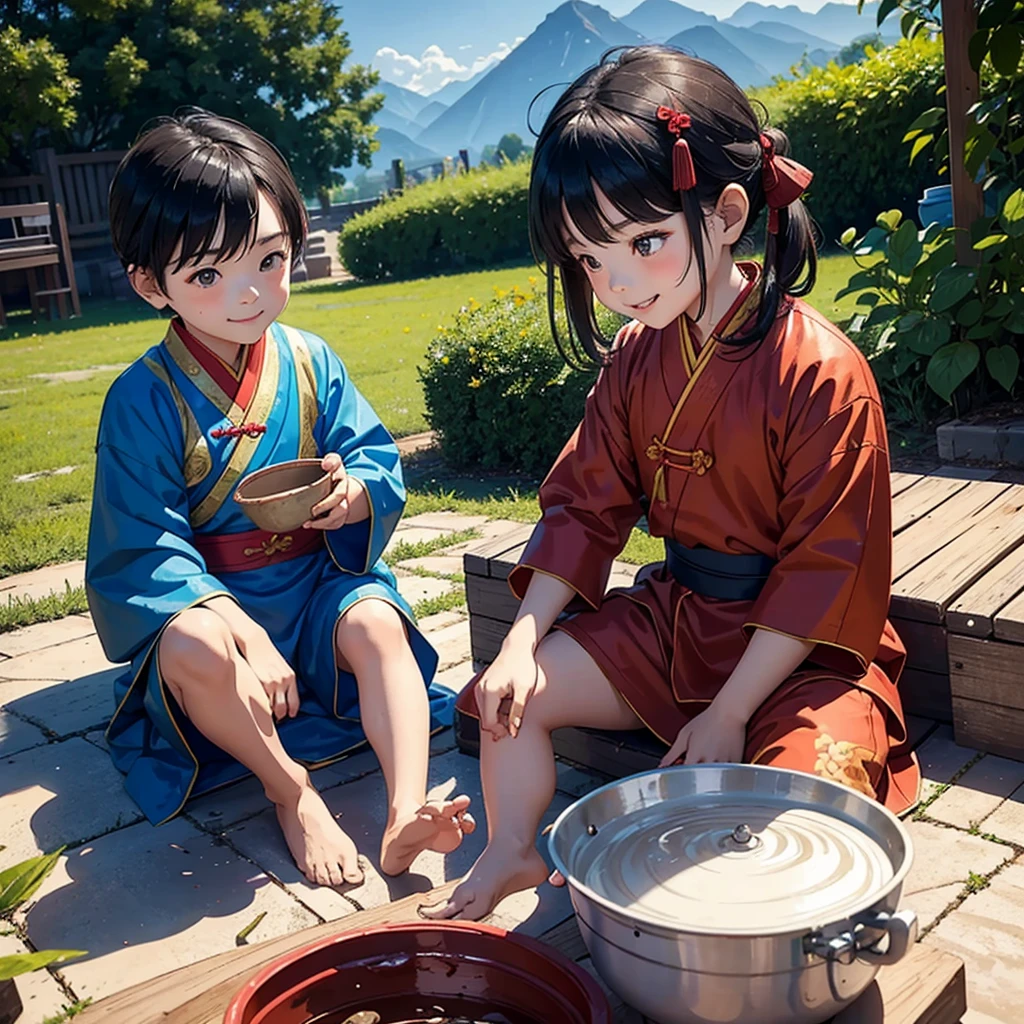 A 5-year-old Chinese girl and a 3-year-old boy ,Sitting and making clay in the backyard next to the mountain. ,Wearing traditional Chinese costume ,cute smiling face, perfect quality,