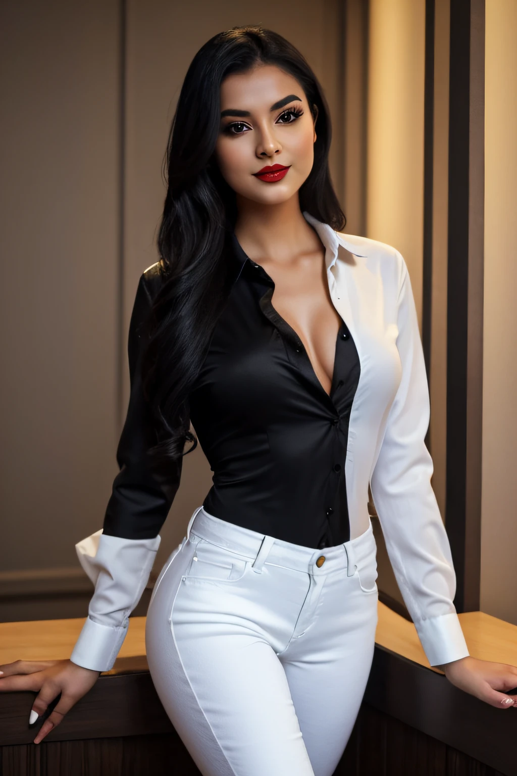 (best quality)), ((masterpiece)), (detailed), perfect face, Envision an art drawing of a female with dark black hair styled in a open free silky manner, her eyes adorned with smoky eyeshadow and dramatic eyeliner. Her white shirt with black jeans and golden heels ,seductive smile, her curves, . Use a dimly lit, setting to enhance her mysterious charm. red lips fully clothes 4 pack abs