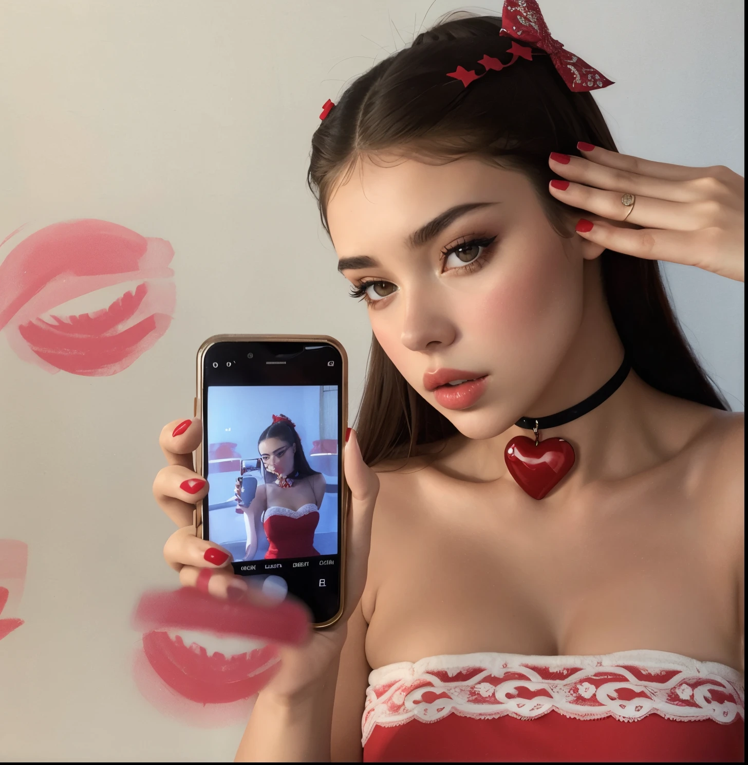 Araffe woman dressed in red holding a cell phone to take a photograph., selfie enamorado, Retrato Sophie Mudd, Anna Nikolanova aka Newmilky, Modelo de Instagram, Cerveza Soft Devil Queen Madison, Hailee Steinfeld, Cerveza Madison, Charli XCX, iPhone selfie, corazones rojos, hermosa poarch, 💋 💄 👠 👗, Retrato de la chica cervecera de Madison
