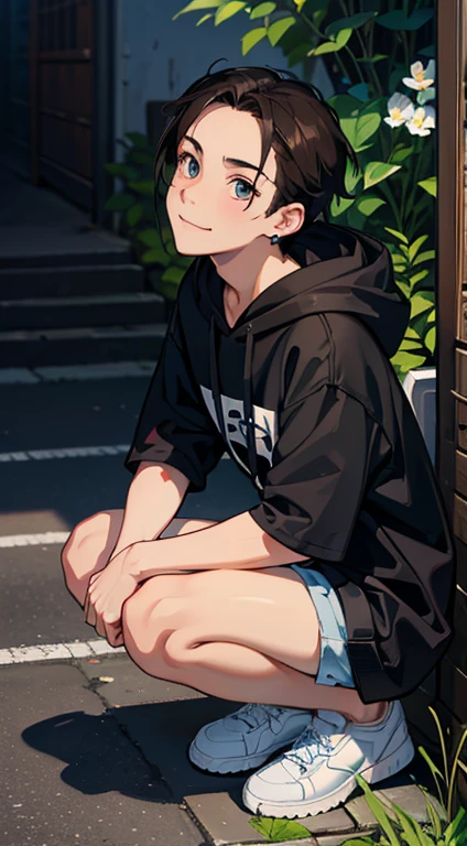 (absurdres, highres, ultra detailed, HDR), masterpiece, best quality, 1boy, solo, handsome, dark brown hair, finely eye and detailed face, forehead, mole under his eye, black oversized hood, (white shorts), sneaker, ear piecing, squatting, plant, flower, back alley background, smile, from above, look up,anatomically correct, sharp image, digital painting, concept art, trending on pixiv, style of makoto shinkai,forehead
