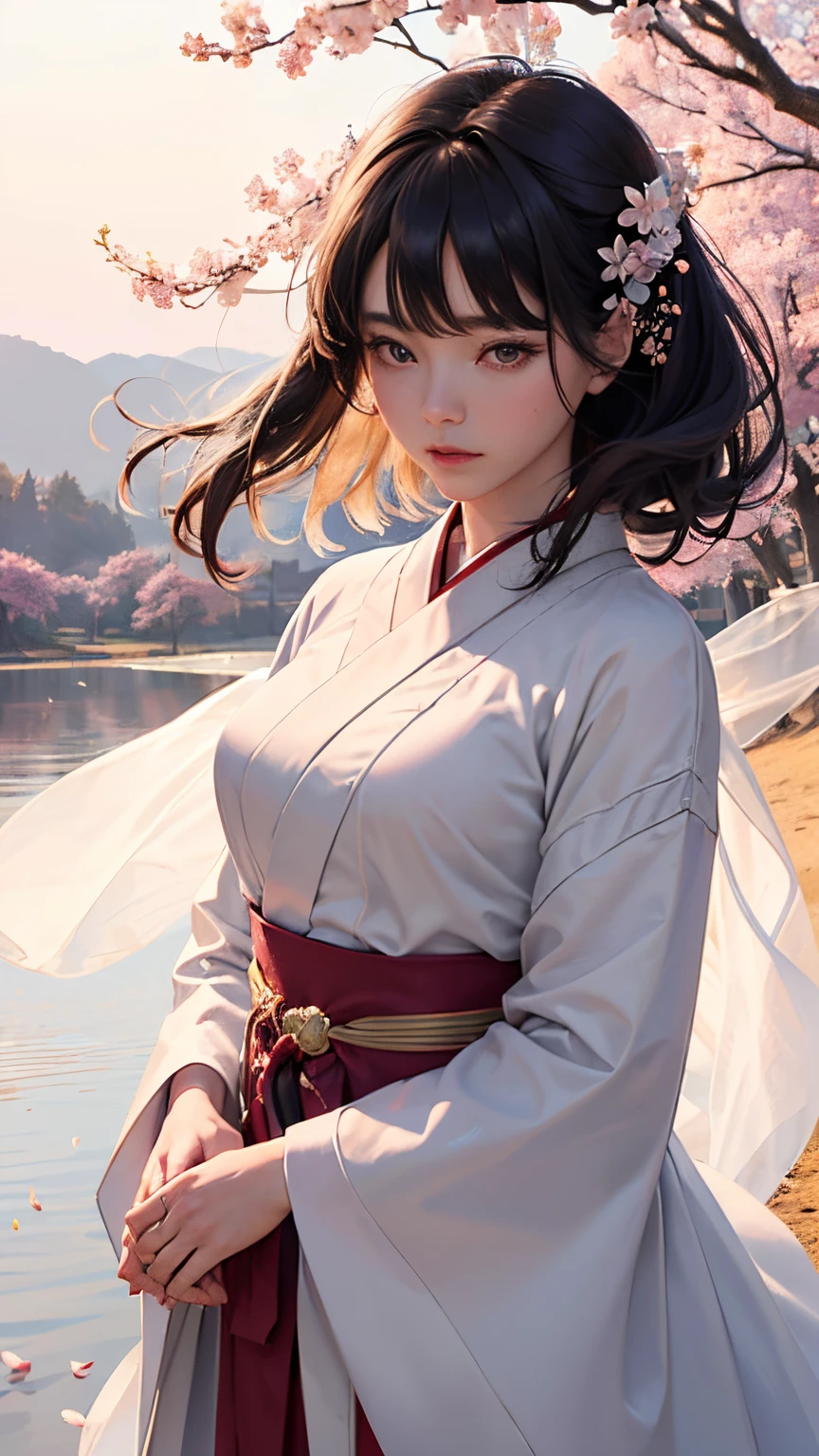 (A logo、​masterpiece、8K、masutepiece、Raw photo、Fantastic、Best Quality、Photorealistic and highly detailed CG integrated 8K wallpaper、hightquality、ighly detailed、epic poem、Particle effect、Dynamic effects、depth of fields、Cinematic Light、Lens Flare、Ray tracing)、Fantasia、 (1 beautiful woman in a white coat、robe blanche、Japanese dress、A dark-haired、Beautiful face、Real Face、beautiful details eyes beautiful skin)、Hair flutters in the wind、Hair jumps、Pink cherry blossom tree、Petals flutter、Sakura blizzard、Superb view、morning glow、Sun in the background、the wind、Deities、tusk、myth、Vast Land、