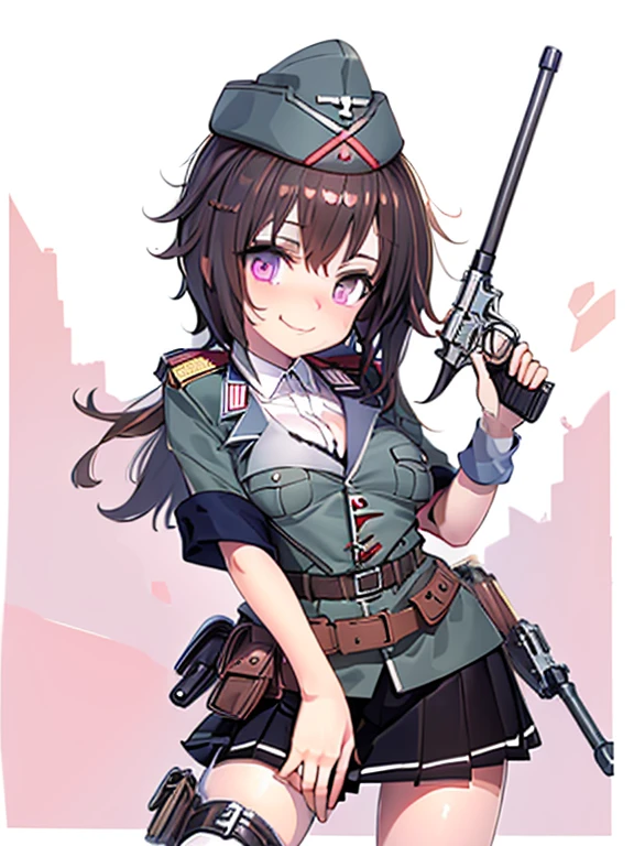 masterpiece, best quality, highres 
solo, 1girl, cowboy shot, naughty smile
p38 \(girls' frontline\), p38original, brown hair, purple eyes, (garrison cap:1.2), medium breasts, military uniform, short sleeve, pleated skirt, belt pouch, iron cross medal, thighhighs, holding gun, handgun, walther