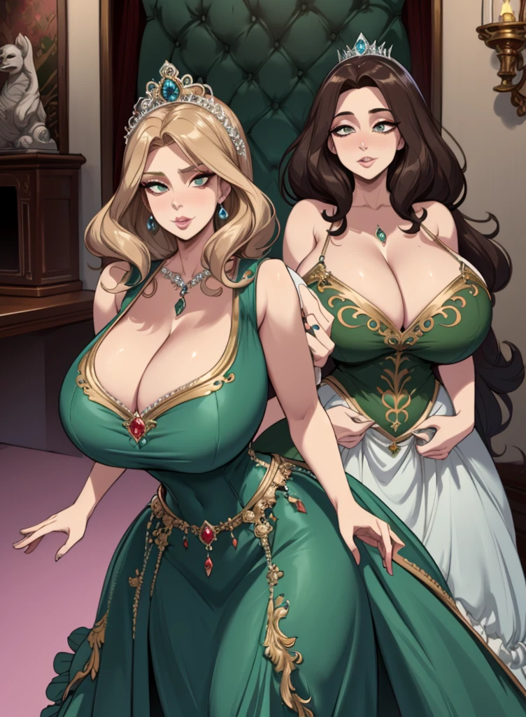 Irish woman, milf, mature, curly hair, brunette, high cheekbones, glossy lipstick, pouting, pouting lips, white pale skin, tall, curvaceous, small waist, big hips, hip dips, large breasts, big breasts, sagging breasts, looking at viewer, Best quality, 8k, Masterpiece, realistic, photorealistic, (gigantic breasts:1.2),wearing beautiful embroidery and jeweled ruffled gorgeous princess ballgown with voluminous full length hoop skirt,
princess in a beautiful embroidery and jeweled rococo princess ballgown with voluminous full length hoop skirt,super detailed gorgeous princess ballgown with voluminous full length hoop skirt,jeweled Gorgeous rococo princess ballgown with long train,jeweled Gorgeous rococo princess ballgown with long train,gorgeous rococo princess ballgown with beautiful embroidery and jeweled, detailed eyes, brown eyes, green dress,blue dress