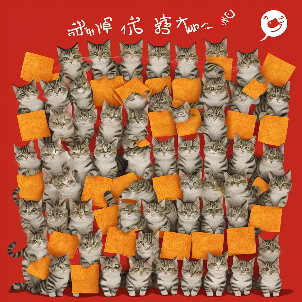 The whole picture is full of kittens,Stick figure style,Cute and a little funny,an anthropomorphic turtle,2D, line style,Very happy to receive the red envelope,It’s fun to eat too