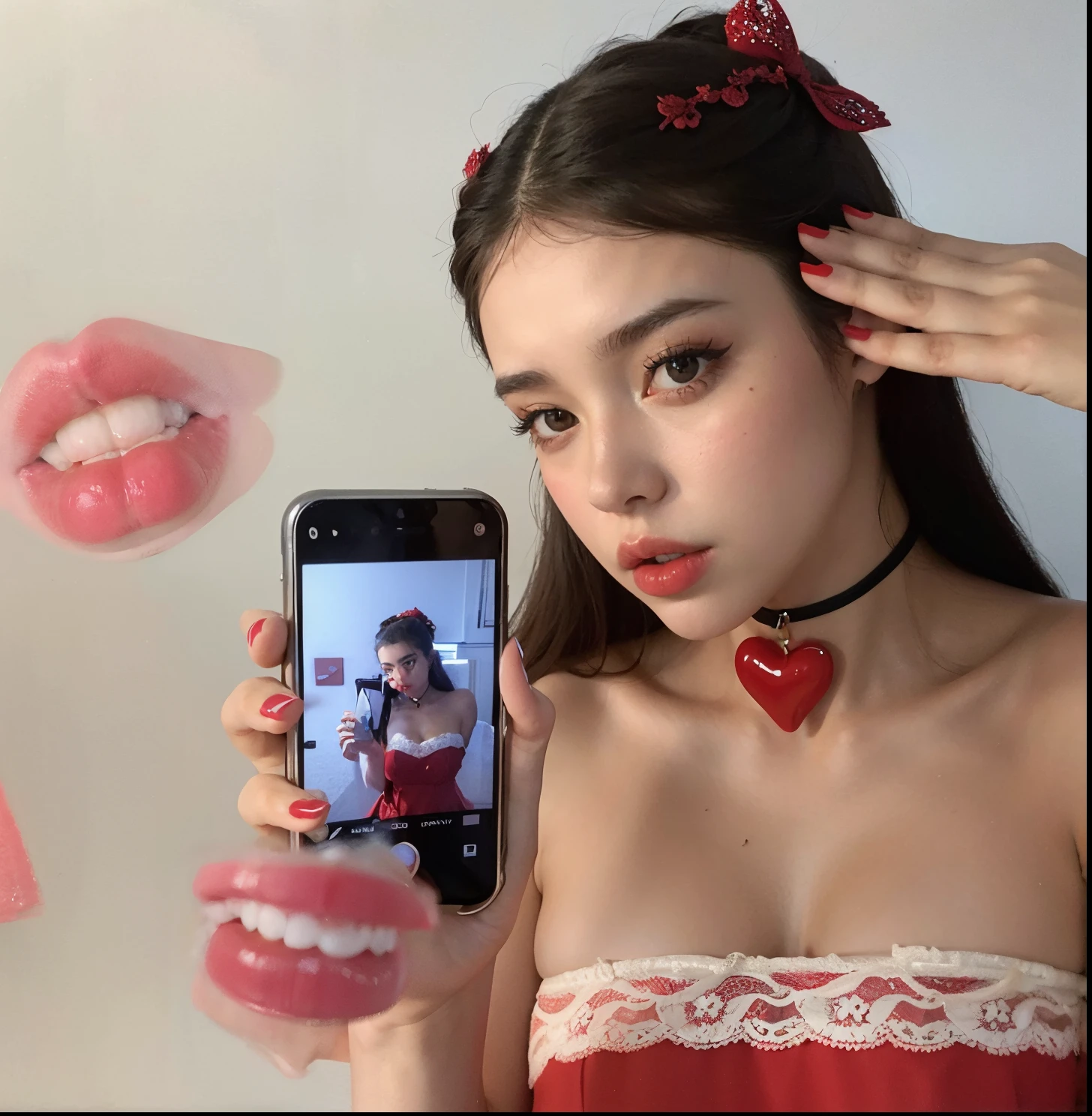 Mujer Araffe vestida de rojo sosteniendo un celular para tomar una foto., selfie enamorado, Retrato Sophie Mudd, Anna Nikolanova alias Newmilky, Modelo de Instagram, Cerveza Soft Devil Queen Madison, Hailee Steinfeld, Cerveza Madison, Charli XCX, iPhone selfie, corazones rojos, hermosa poarch, 💋 💄 👠 👗, Retrato de la chica cervecera de Madison