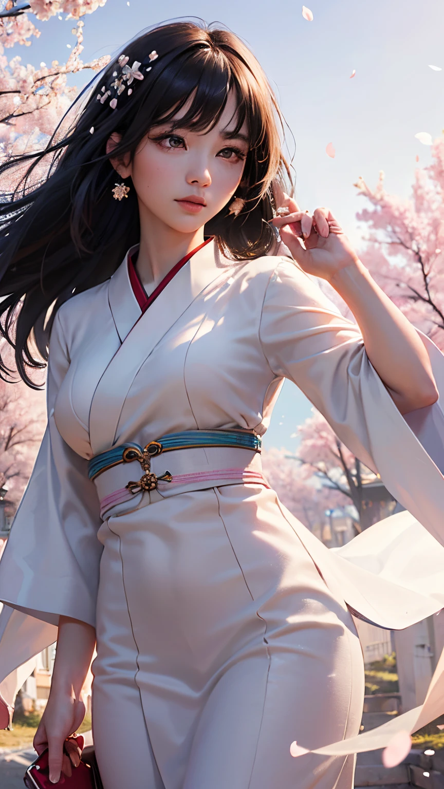 (A logo、masterpiece、8K、masutepiece、Raw photo、Fantastic、Best Quality、Photorealistic and highly detailed CG integrated 8K wallpaper、hightquality、ighly detailed、epic poem、Particle effect、Dynamic effects、depth of fields、Cinematic Light、Lens Flare、Ray tracing)、Fantasia、 (1 beautiful woman in a white coat、robe blanche、Japanese dress、A dark-haired、Beautiful face、Real Face、beautiful details eyes beautiful skin)、Hair flutters in the wind、Hair jumps、Pink cherry blossom tree、Petals flutter、Sakura blizzard、Superb view、morning glow、Sun in the background、the wind、Deities、tusk、myth、Vast Land、