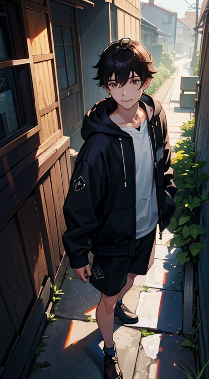 (absurderes, hight resolution, ultra-detailliert, nffsw), masutepiece, Best Quality, 1boy, Solo, Handsome, dark brown hair, finely eye and detailed face, Forehead, mole under his eye, black oversized hood, (White shorts), espadrilles, ear piecing, Back alley background, Smile, From above, Look up,Anatomically correct, Sharp Image, Digital Painting, Concept art, trending on pixiv, style of makoto shinkai,Forehead,youthfulness,