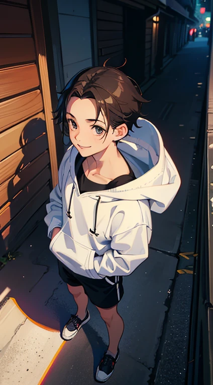 (absurderes, hight resolution, ultra-detailliert, nffsw), masutepiece, Best Quality, 1boy, Solo, Handsome, dark brown hair, finely eye and detailed face, Forehead, mole under his eye, black oversized hood, (White shorts), espadrilles, ear piecing, Back alley background, Smile, From above, Look up,Anatomically correct, Sharp Image, Digital Painting, Concept art, trending on pixiv, style of makoto shinkai,Forehead,youthfulness,