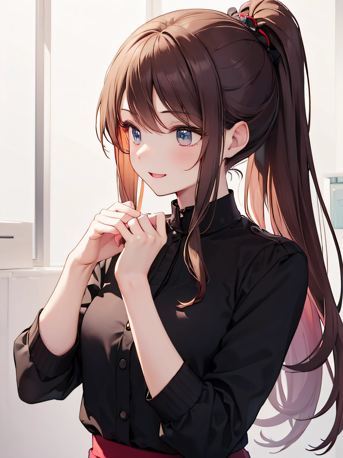 (Looking away:1.3), masterpiece、top-quality、25 year old woman with long bright chestnut hair、I have bangs、High Ponytail, Wearing a black blouse、Touching the ears, (kindly smile:1.3)、(Staring:1.5)、Open mouth, The background is office、Bold composition、Upper body is shown、Alone、