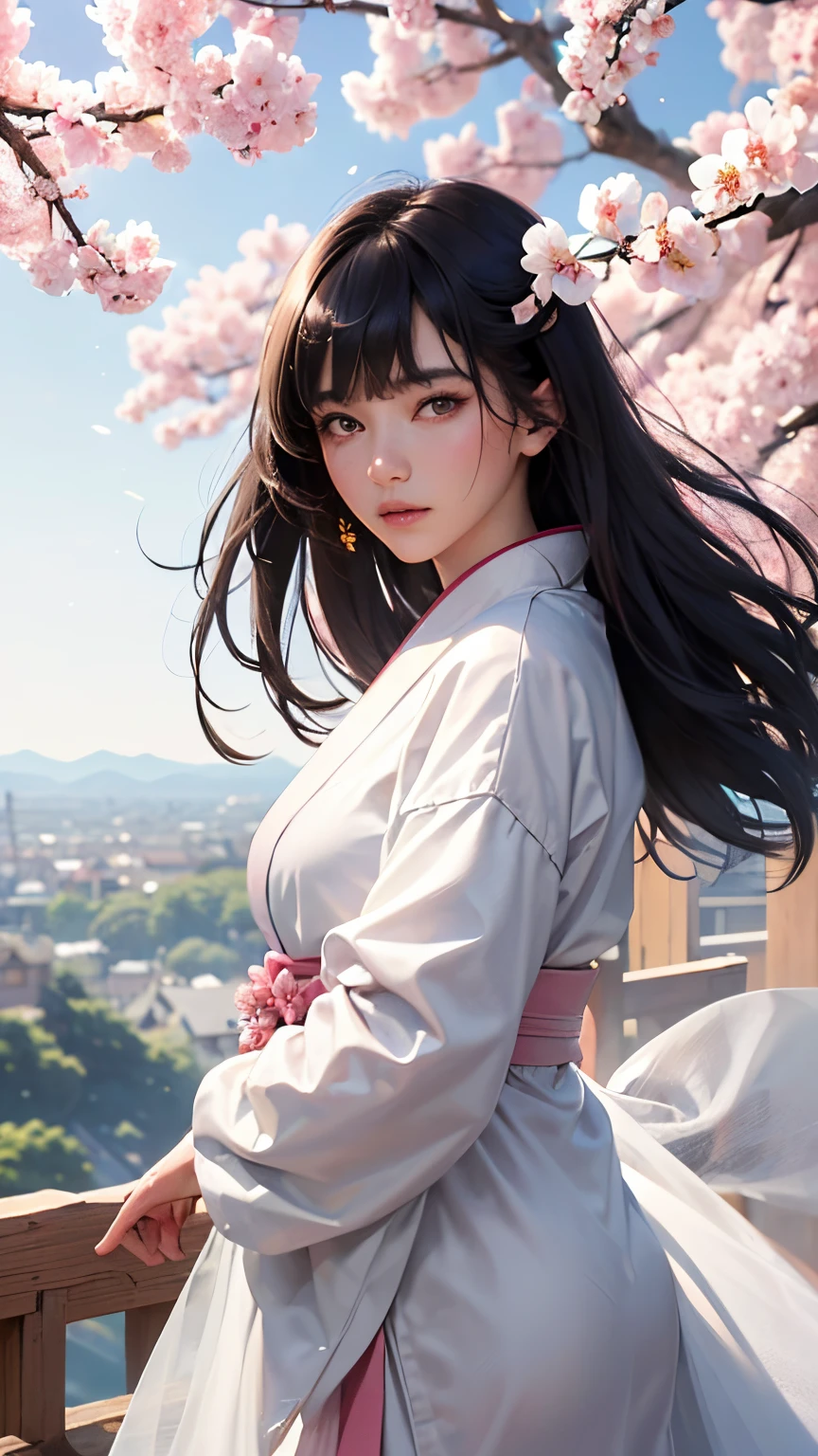 (A logo、​masterpiece、8K、masutepiece、Raw photo、Fantastic、Best Quality、Photorealistic and highly detailed CG integrated 8K wallpaper、hightquality、ighly detailed、epic poem、Particle effect、Dynamic effects、depth of fields、Cinematic Light、Lens Flare、Ray tracing)、Fantasia、 (1 beautiful woman in a white coat、robe blanche、Japanese dress、A dark-haired、Beautiful face、Real Face、beautiful details eyes beautiful skin)、Hair flutters in the wind、Hair jumps、Pink cherry blossom tree、Petals flutter、Sakura blizzard、Superb view、morning glow、Sun in the background、the wind、Deities、tusk、myth、Vast Land、