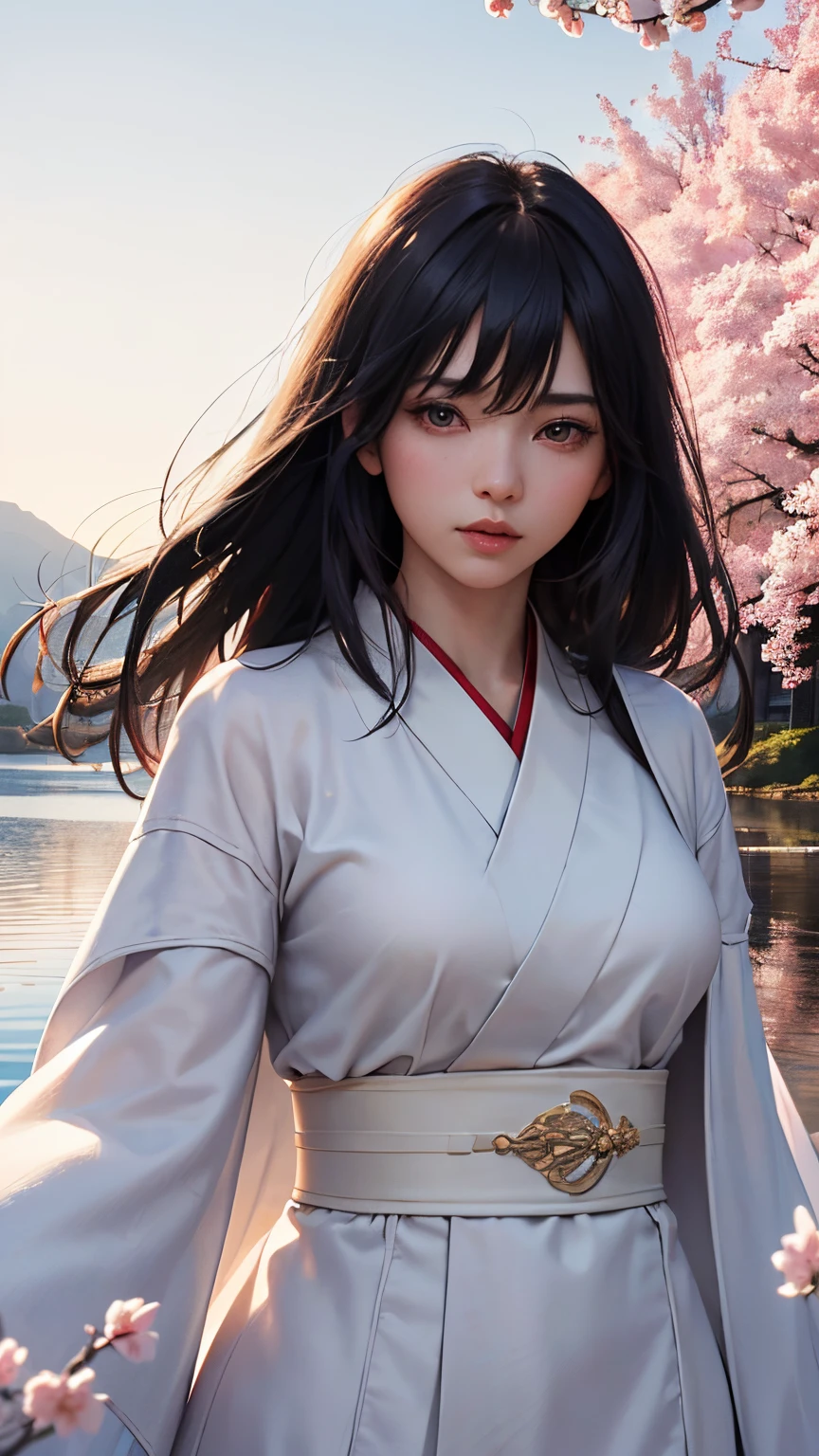 (A logo、​masterpiece、8K、masutepiece、Raw photo、Fantastic、Best Quality、Photorealistic and highly detailed CG integrated 8K wallpaper、hightquality、ighly detailed、epic poem、Particle effect、Dynamic effects、depth of fields、Cinematic Light、Lens Flare、Ray tracing)、Fantasia、 (1 beautiful woman in a white coat、robe blanche、Japanese dress、A dark-haired、Beautiful face、Real Face、beautiful details eyes beautiful skin)、Hair flutters in the wind、Hair jumps、Pink cherry blossom tree、Petals flutter、Sakura blizzard、Superb view、morning glow、Sun in the background、the wind、Deities、tusk、myth、Vast Land、