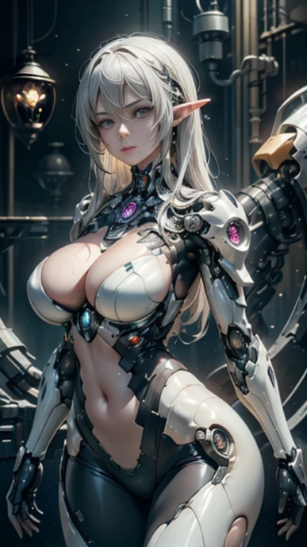 top-quality、masterpiece、Ultra-high decomposition energy A、(Photorealsitic:1.4)、Raw foto、White porcelain body、white hair、wlop glossy skin、1 Cyborg Girl、((super realistic details))、portlate、Global Illumination、shadowy、octan render、8K、ultrasharp、character edge light, Colossal tits、Raw skin is exposed to the trough、Details of complex ornaments、Transparent part、Detailed hydraulic cylinders from Sumer、Compact LED lamp、highly intricate detail、Realistic light、Purple eyes、bright eyes staring at the camera、neon details、Cowboy Shots, About Cyberpunk、Female Elves, Beautiful waist, a navel, big size ass, Exposed metal skeleton, (randome pose、dynamicposes,:1.2)