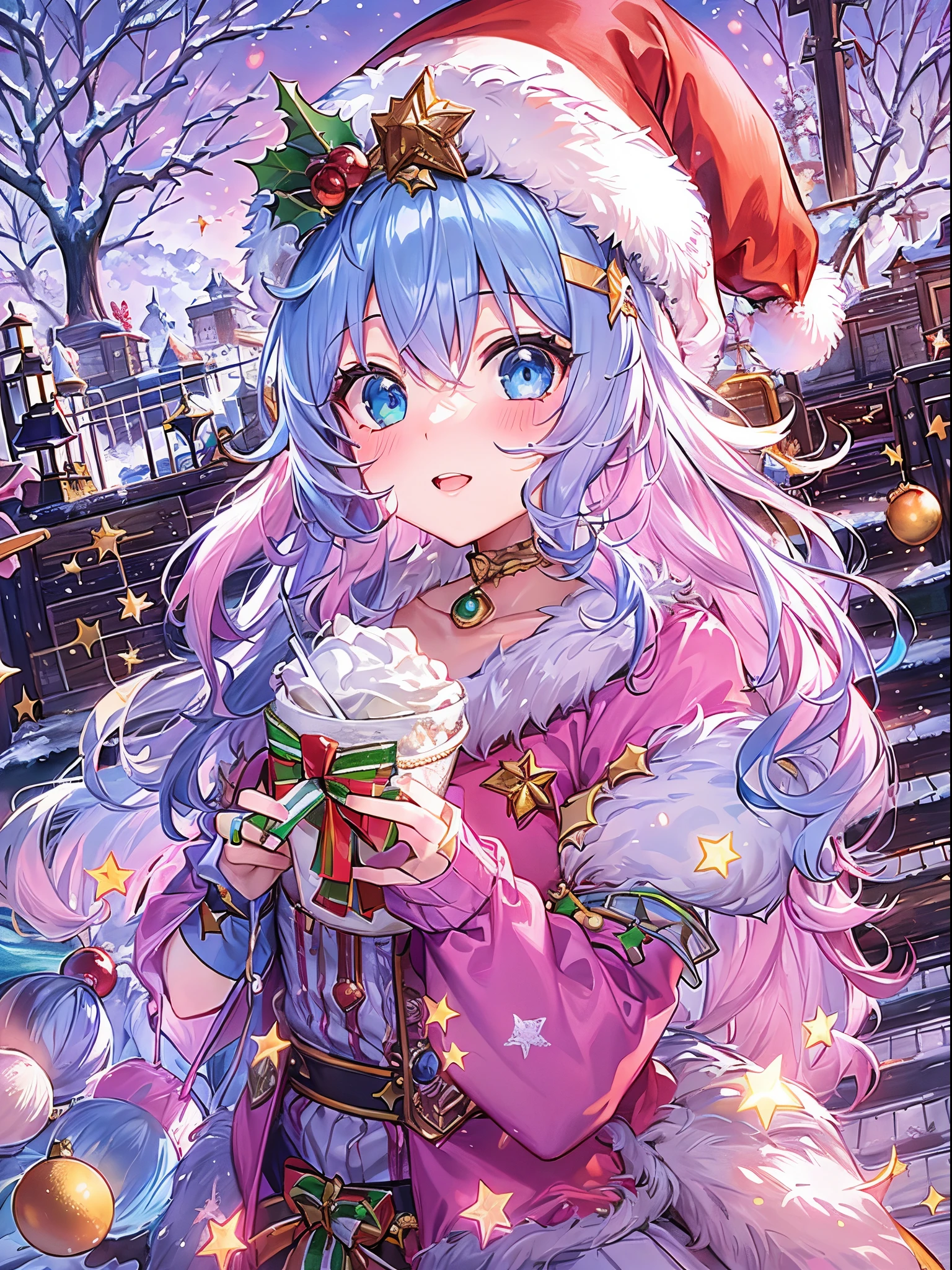 (2 girls in,8kDetails;1.5,8kResolution of;1.5), ((Christmas:1.2,santa costume:1.2)){{{Glitter Pupil:1.5, Heart-shaped pupil:1.5,eye glass:1.5}}}),((Half blue and half pink hair,Shiny hair,Glowing hair)), (Heterochromia), (Light focus :1.2, Warm light gradient:1.2,Bright light gradient , Lens Flare:1.3, Fluffy, kirakira, Dreamy), ((masutepiece, of the highest quality, Beautiful and aesthetic)), {{{The best lighting, Very delicate and beautiful,Cinematic Light}}}, (delicate detail,Hyper-detailing, intricate-detail)