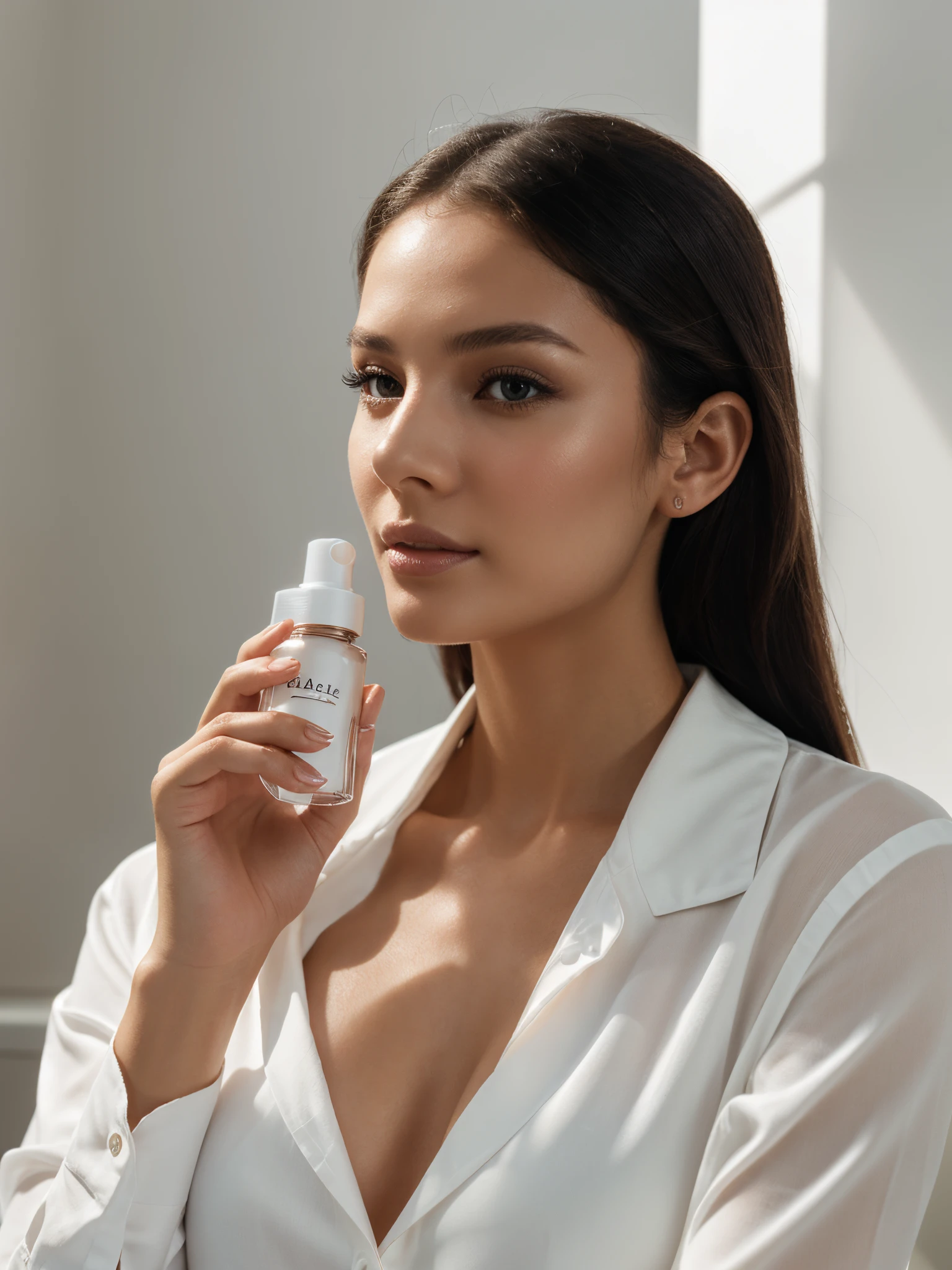 1 female-focused, a beautiful female model has a cosmetic bottle in her hands, wearing white shirt, the model's skin is healthy and clear, and the cosmetics bottle shines luxuriously, skin care, flower, cosmetics commercial photos, clean atmosphere, shot on Hasselblad camera, medium format, dramatic lighting, luxury brand cosmetic