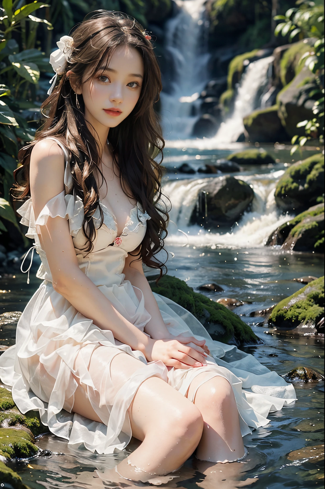 More details1,Glossy glossy skin,Naked NSFW,best qualtiy,tmasterpiece,独奏,young ,nabel,areola of breast,big cleavage breasts,White skin of the,Slim,By bangs,long whitr hair,looking at viewert,seduct smile, parted lip, Be red in the face, arms behind head, Arms up, Half submerged in the tub, Semi-immersed in water, Rochas, A plant, ln the forest, steamy, In the daytime, rays of sunshine, The light from the back window is backlighted, lightand shade contrast