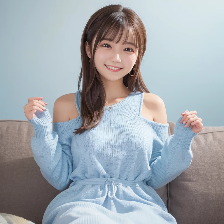 Pink knitted dress, sofa, livingroom, Smile, Brown hair, shoulder-length hair, White wall background, Very white skin