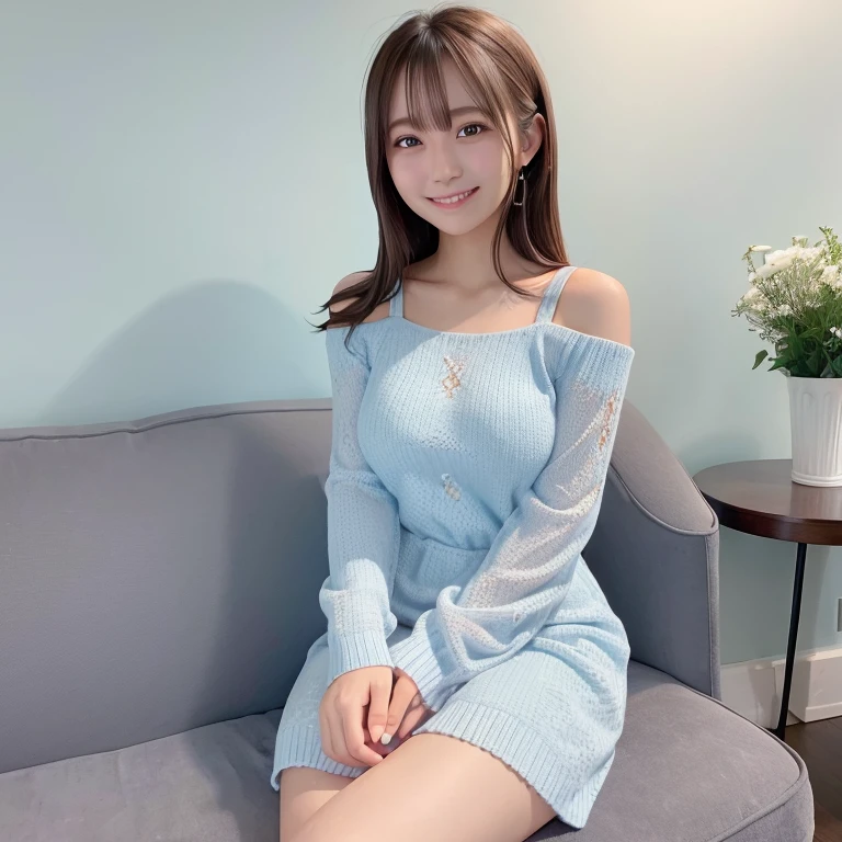 Light blue knitted dress, sofa, livingroom, Smile, Brown hair, shoulder-length hair, White wall background, Very white skin