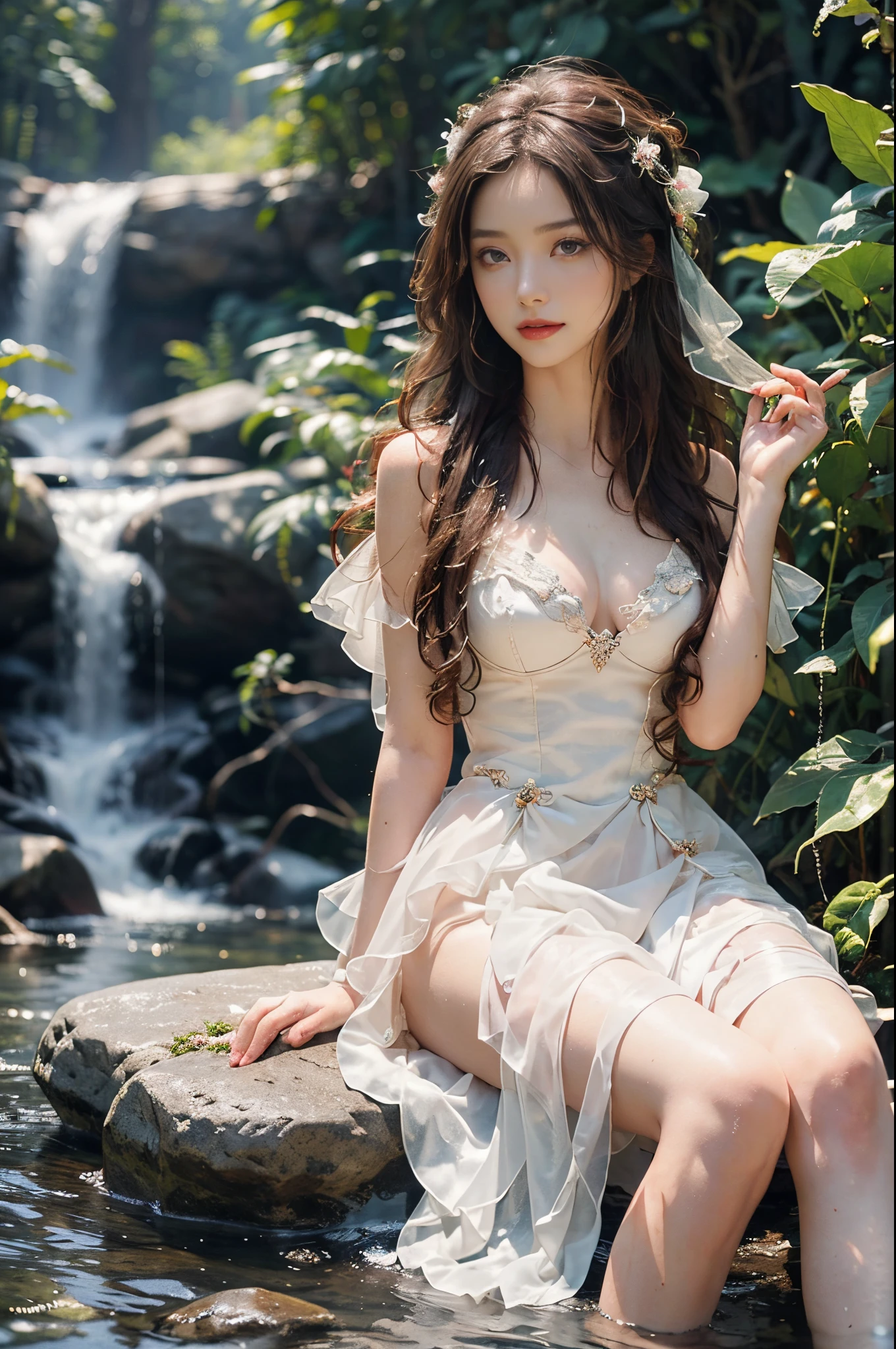 Romantic Rosette dress2, fashi-girl,red lips,mature female,makeup, makeup, ((cowboy shot)), (best quality, masterpiece:1.2), Sitting, sitting on a rock, ultra-detailed, (realistic:1.37), beautiful, youthful, glamorous model with (detailed eyes, detailed lips, extremely detailed eyes), with white and floral colors, showcasing a radiant smile, slender figure, long legs, creating a breathtaking depiction of a girl enjoying the water, realistic waterfalls, wet clothes and hair, radiant sunlight, lush greenery, refreshing mist, Elegant pose, random pose, random Angle of view, Getting wet under a waterfall, The waterfall fell on her