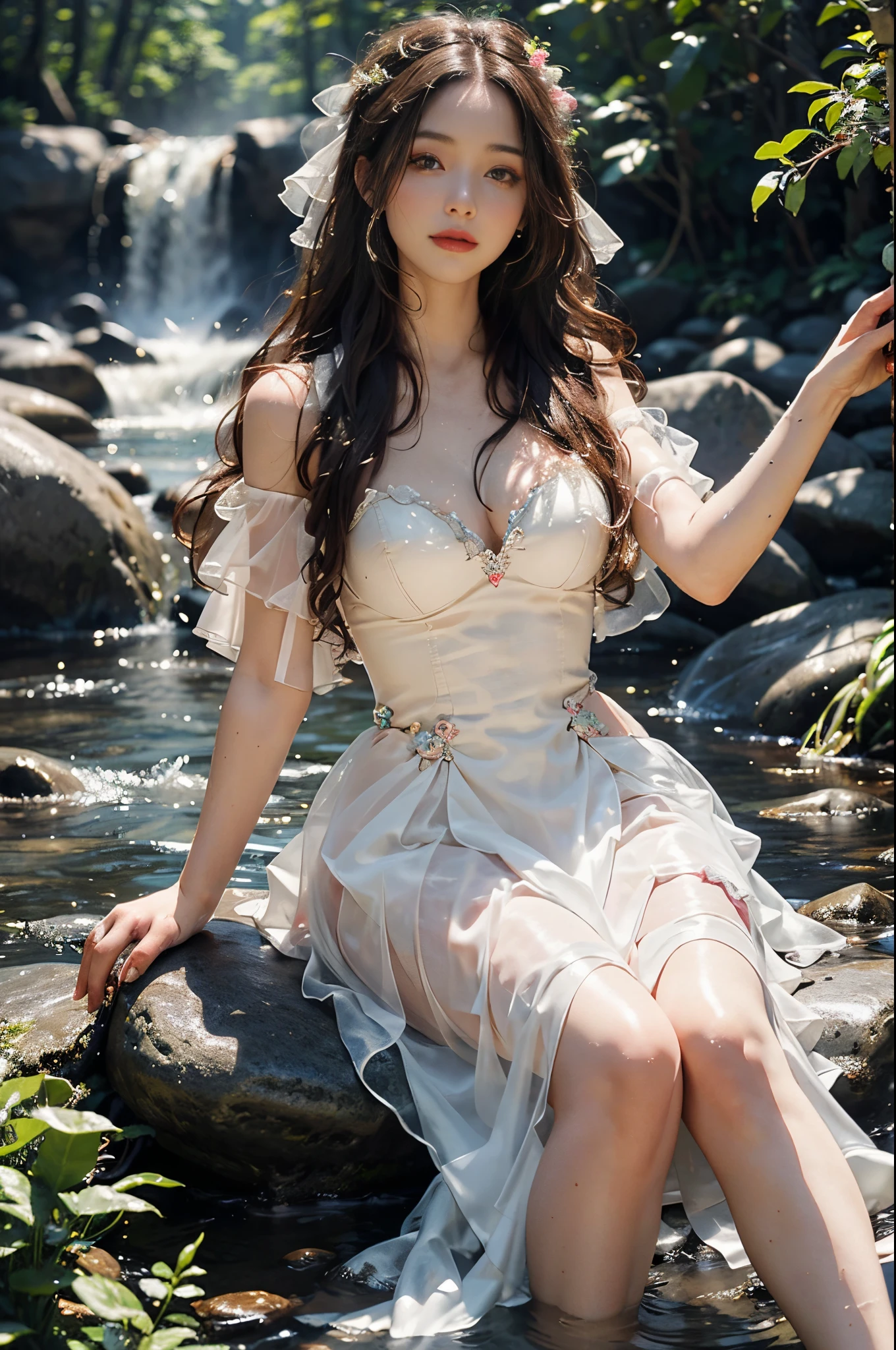 Romantic Rosette dress2, fashi-girl,red lips,mature female,makeup, makeup, ((cowboy shot)), (best quality, masterpiece:1.2), Sitting, sitting on a rock, ultra-detailed, (realistic:1.37), beautiful, youthful, glamorous model with (detailed eyes, detailed lips, extremely detailed eyes), with white and floral colors, showcasing a radiant smile, slender figure, long legs, creating a breathtaking depiction of a girl enjoying the water, realistic waterfalls, wet clothes and hair, radiant sunlight, lush greenery, refreshing mist, Elegant pose, random pose, random Angle of view, Getting wet under a waterfall, The waterfall fell on her