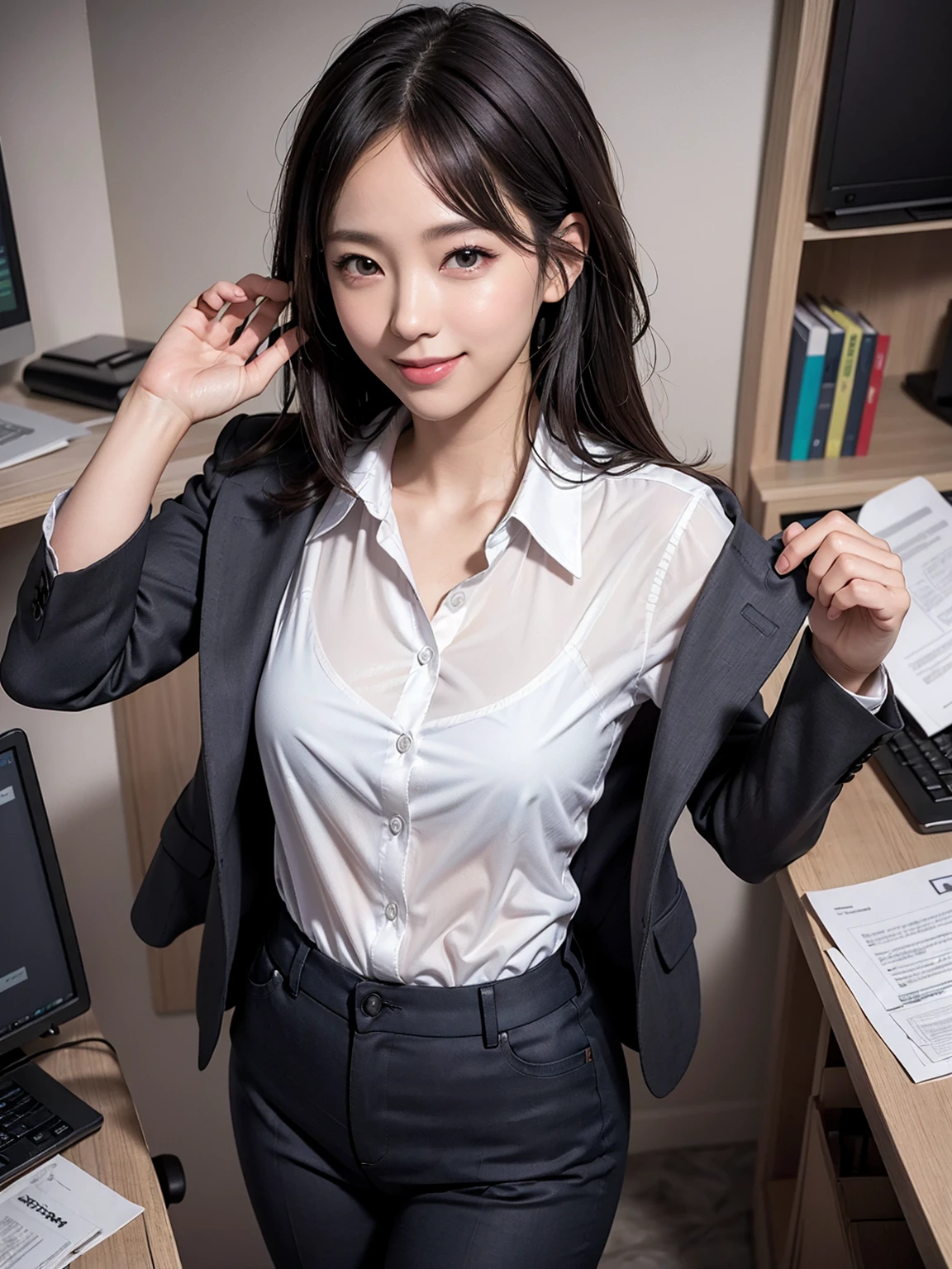 (Masterpiece), (8K, Photorealistic, RAW Photography, Best Quality: 1.4), Japan, Beautiful Face, (Realistic Face), (Medium Hair:1.3), Realistic Eyes, Beautiful Eyes, Attractive, Ultra High Definition, Ultra Realistic, High Definition, Beautiful Japan woman, grey suit, open jacket, office lady, suit, ((pants)), (modern office indoors), desk, detailed face, long hair, group picture, multiple girls, 4girls, looking at viewer, ((smile)), (from above), ((white shirt)), (open shirt), ((see-through))