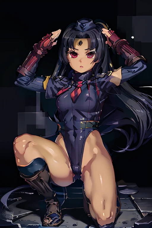 Masterpiece, Best Quality, Highly detailed, illustration, absurdres, street fighter, doll suit, shadaloo doll, agent aika, girls, multiple girls, expressionless, blank eyes, looking at viewer, red gloves, emotionless, black latex, corrution, mind control, female combatant, full body, hypnotized, unhappy trance, full body suit, leotard, perfect female body, extremely glossy latex, Delmo Uniform, belt, hypnosis, hypnoLora, empty eyes, Mind control device, thigh high, kneeling, poses, submissive_pose, visor, sitting, sitting at attention, kneeling at attention, Slave,  full tight leg, hat, ribbed bodysuit, red bodysuit, nazi saluting, military, military saluting, salute, minmei (Shuutai), KOIHIME†MUSOU, Red eyes, Black hair, Long Hair