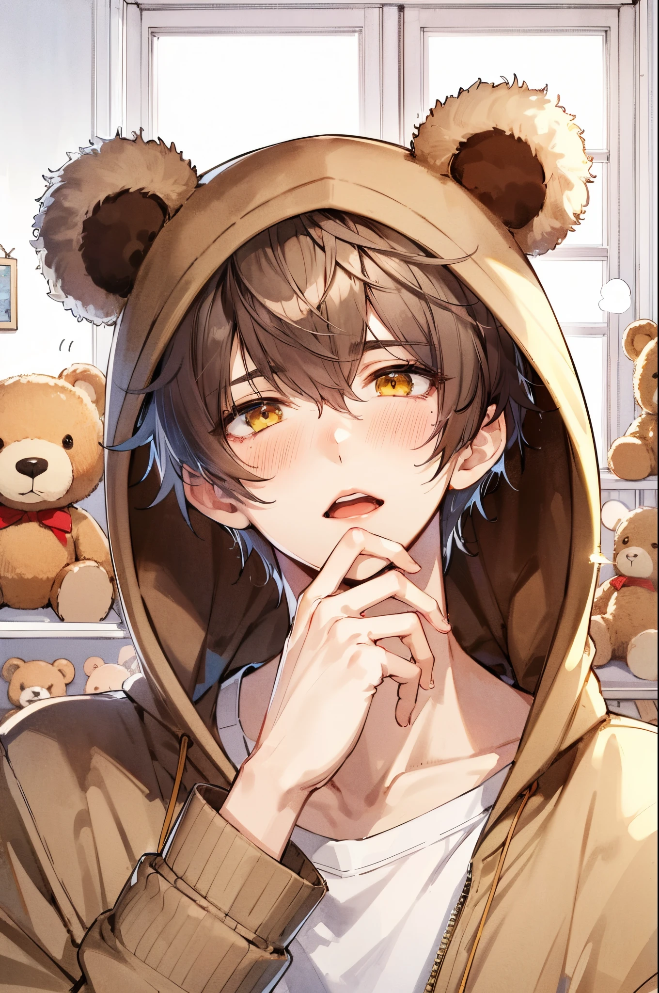 Portrait, Handsome young man, ash brown short hair, Yellow eyes, Bear ear hood, Put your hand to your mouth, Looking Up, with blush cheeks, Background, Room, Lots of teddy bears, Style, Japanese anime, Clear line drawing, transparent watercolor techniques, Clear shading, High quality, professional pixiv illustration