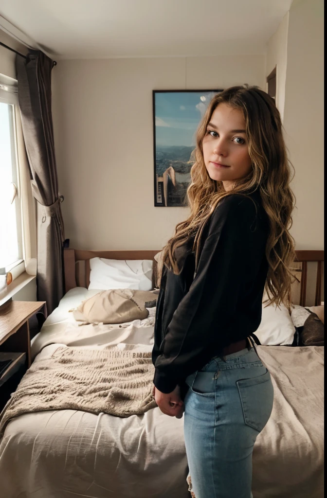 looking like a photo of 25 years old cute woman with darkblonde wavy hair in european linvingroom, she is 164 cm height 50kg weight